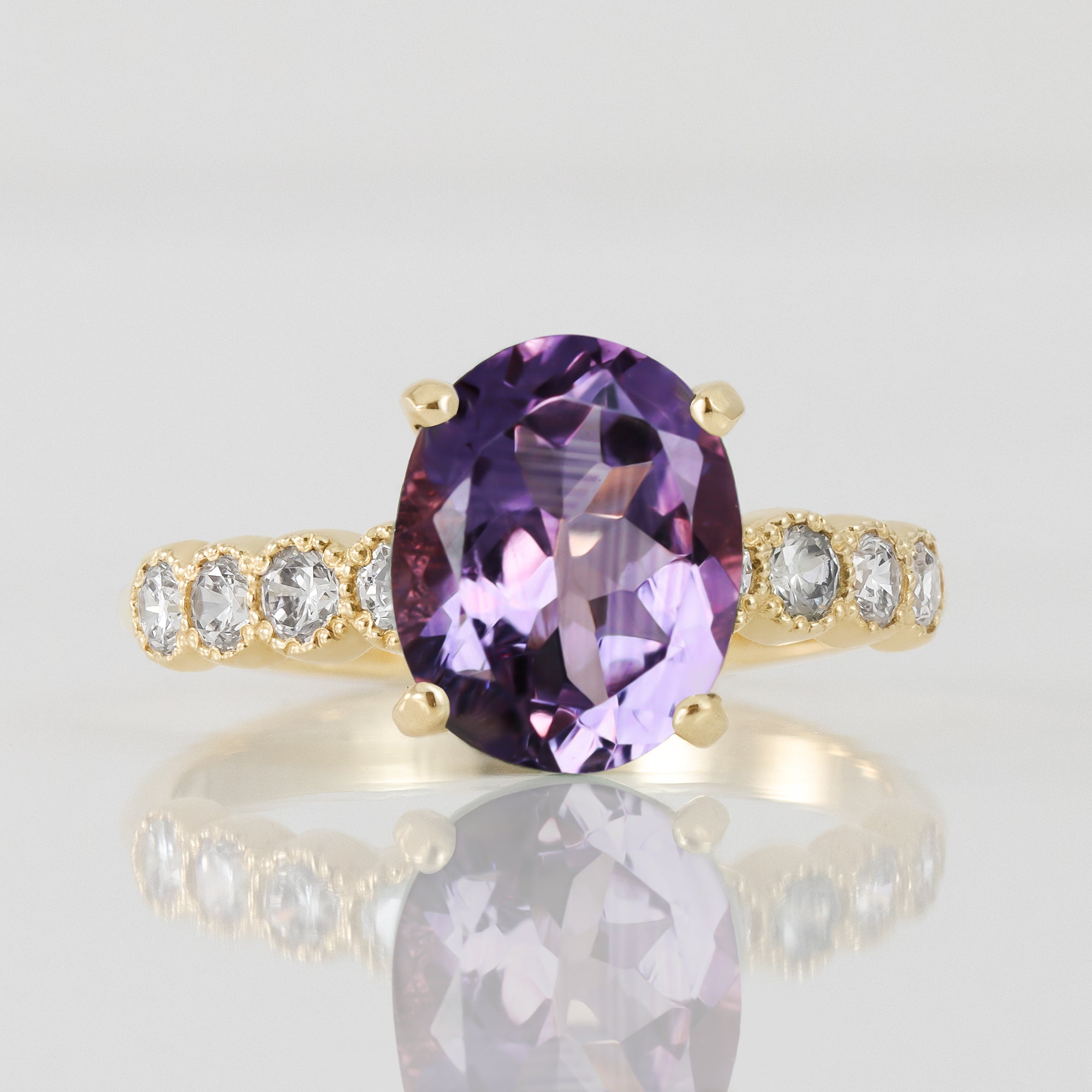 Purple Amethyst Ring - February Birthstone - Oval Purple Amethyst Gemstone Statement Engagement Ring with Clear Quartz Accents - H.L.Jewelry