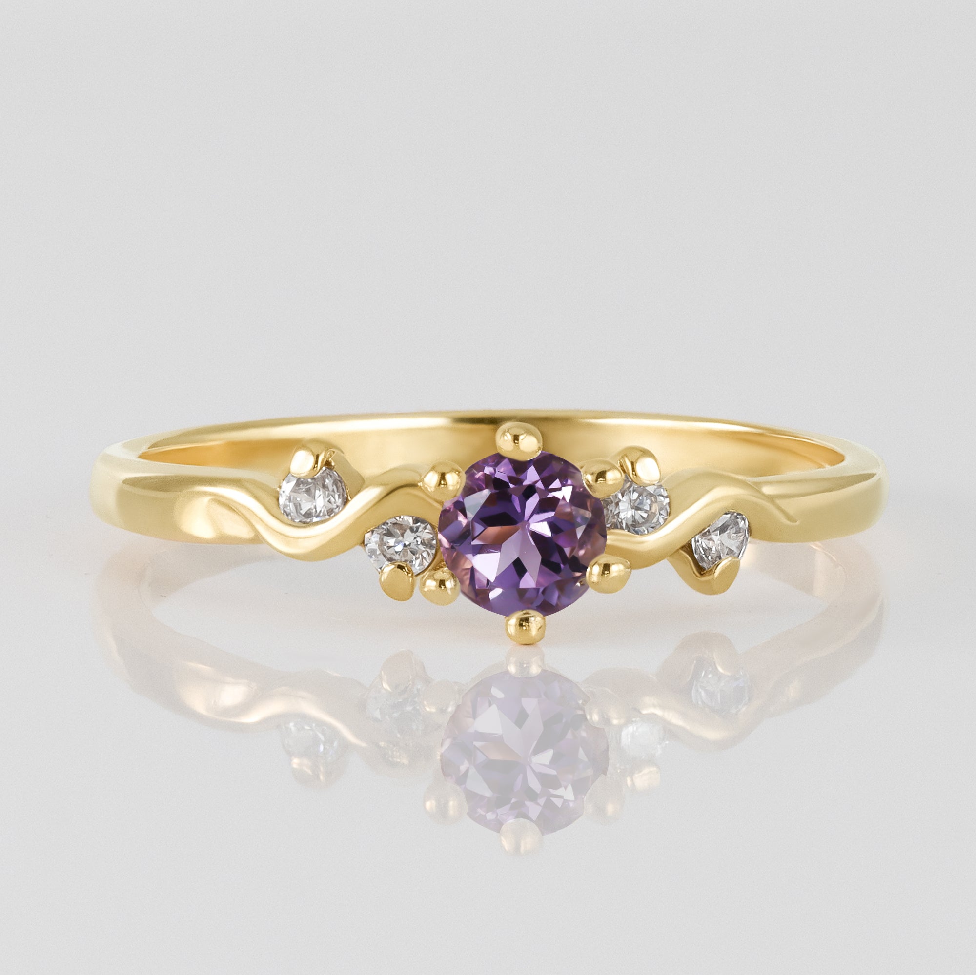 Purple Amethyst Ring - February Birthstone - Delicate Ring with Round Amethyst Center Stone and Clear Quartz Accents - H.L.Jewelry