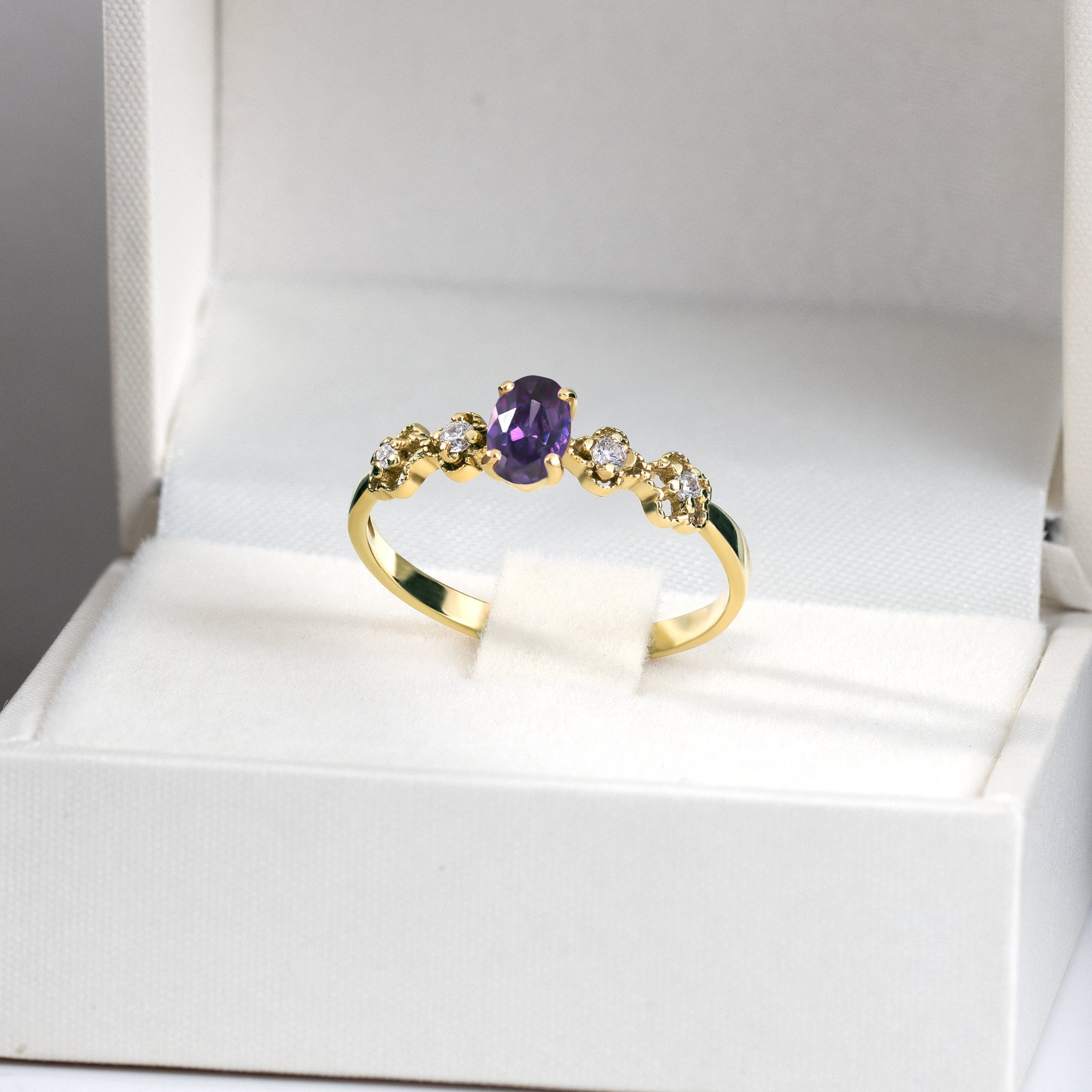 Purple Amethyst Ring - February Birthstone - Oval Purple Amethyst Gemstone Flower Setting Delicate Ring with Clear Quartz Accents - H.L.Jewelry