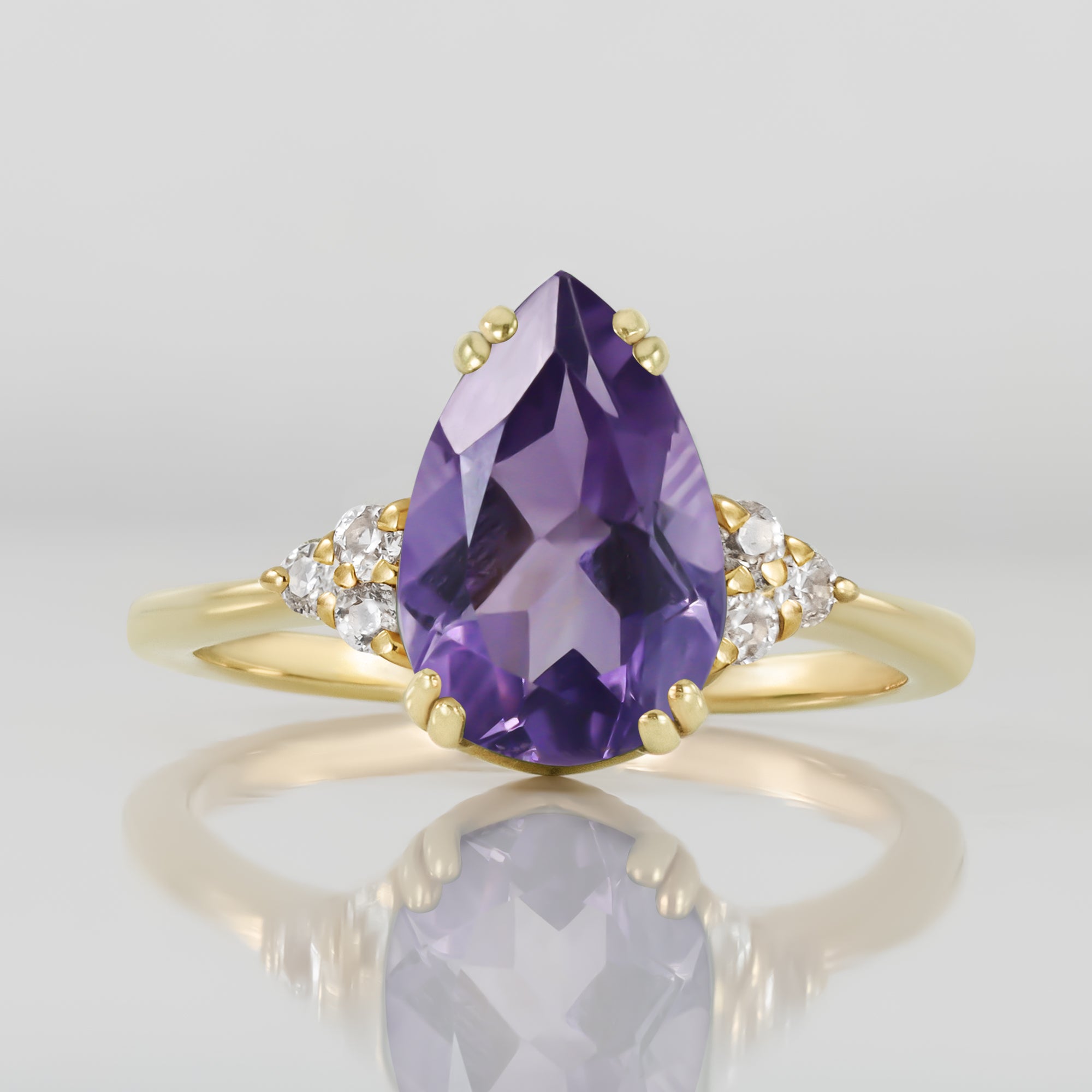 Purple Amethyst Ring - February Birthstone - Pear-Shaped Purple Amethyst Gemstone Statement Engagement Ring with Clear Quartz Accents - H.L.Jewelry