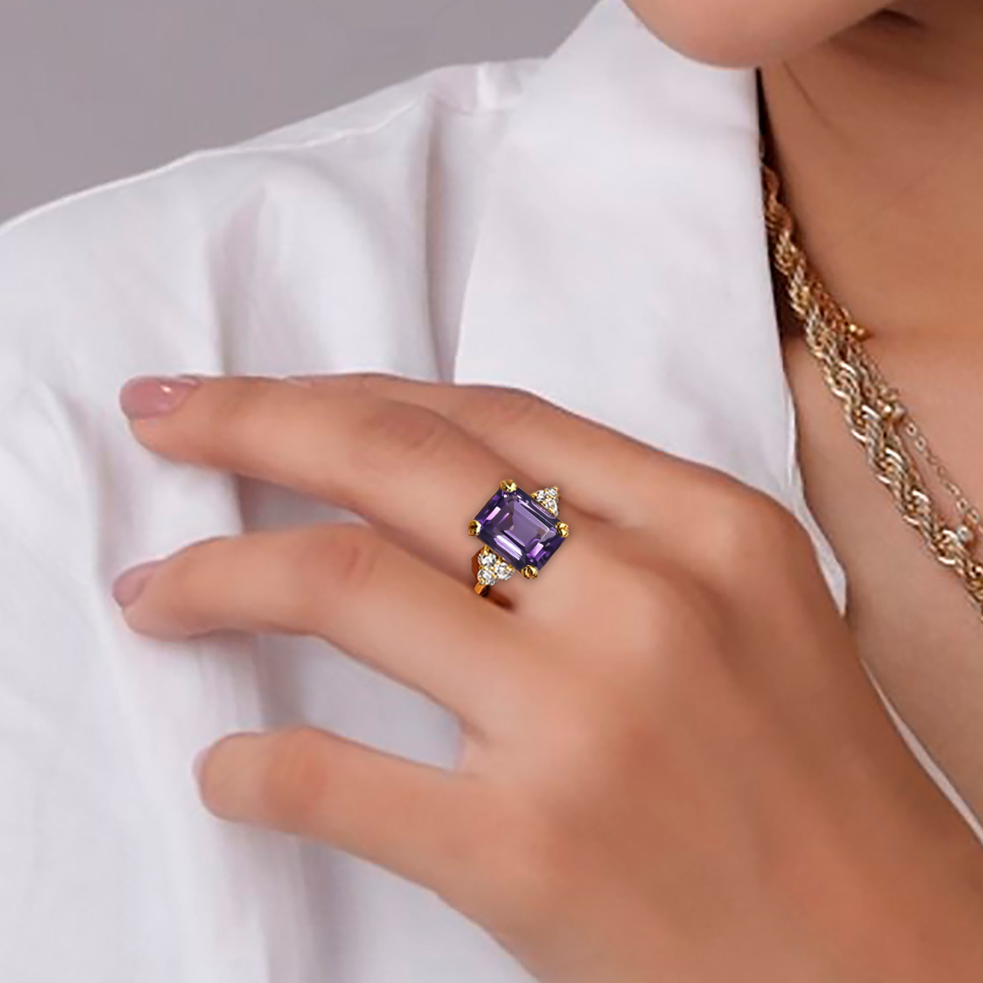 Purple Amethyst Ring - February Birthstone - Emerald-Cut Purple Amethyst Gemstone Statement Engagement Ring with Clear Quartz Accents - H.L.Jewelry