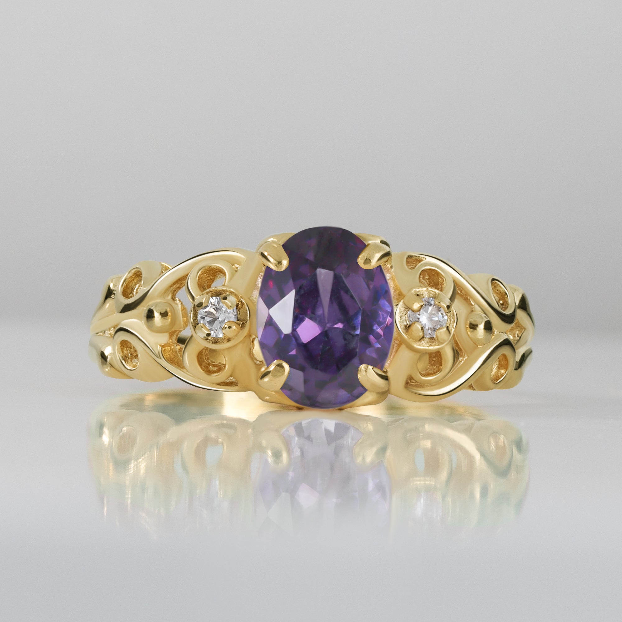 Amethyst Ring - February Birthstone - Oval Purple Amethyst Gemstone Lace Ring with Clear Quartz Accents - H.L.Jewelry