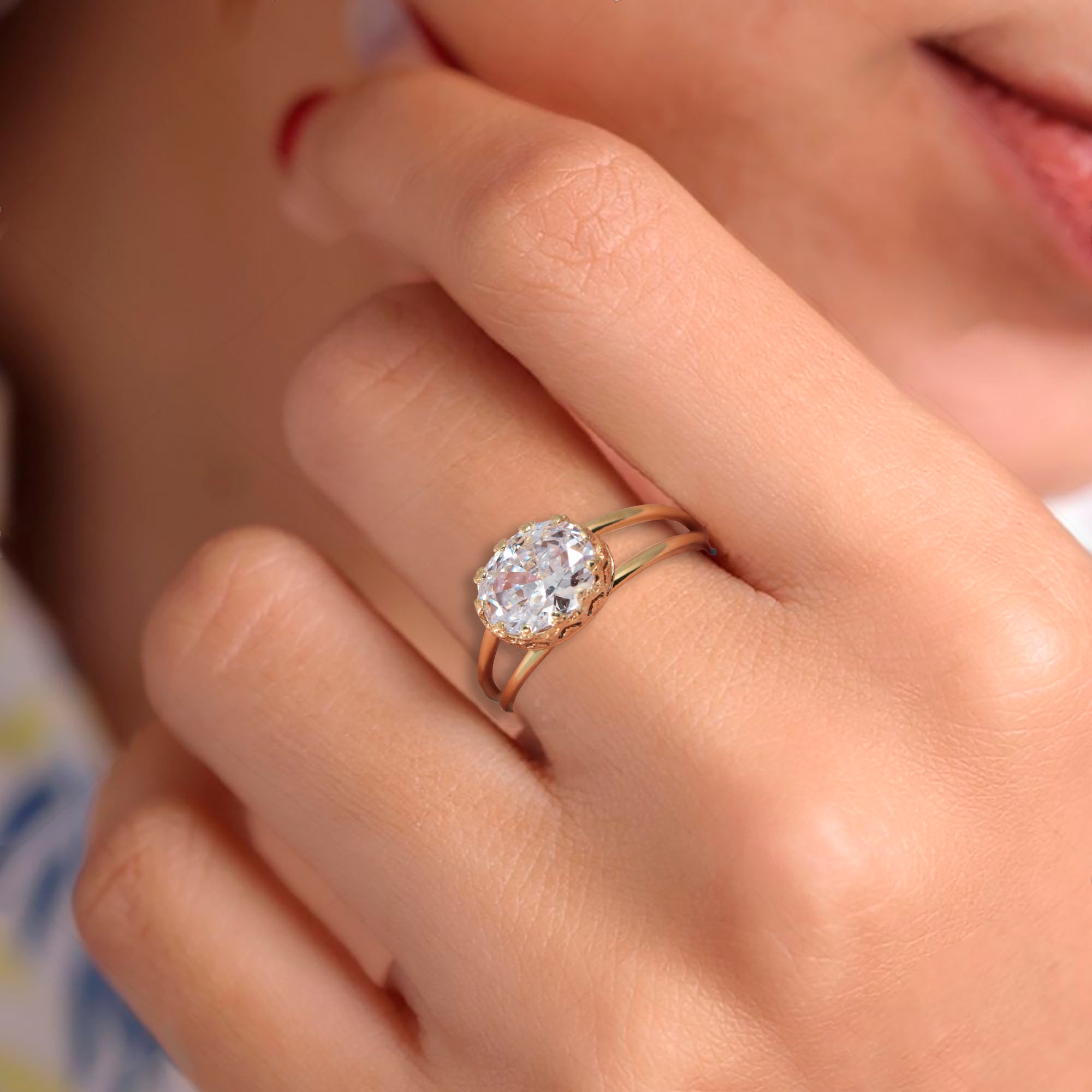 April Birthstone Clear Quartz Double Band Vintage Oval Crown Ring - H.L.Jewelry