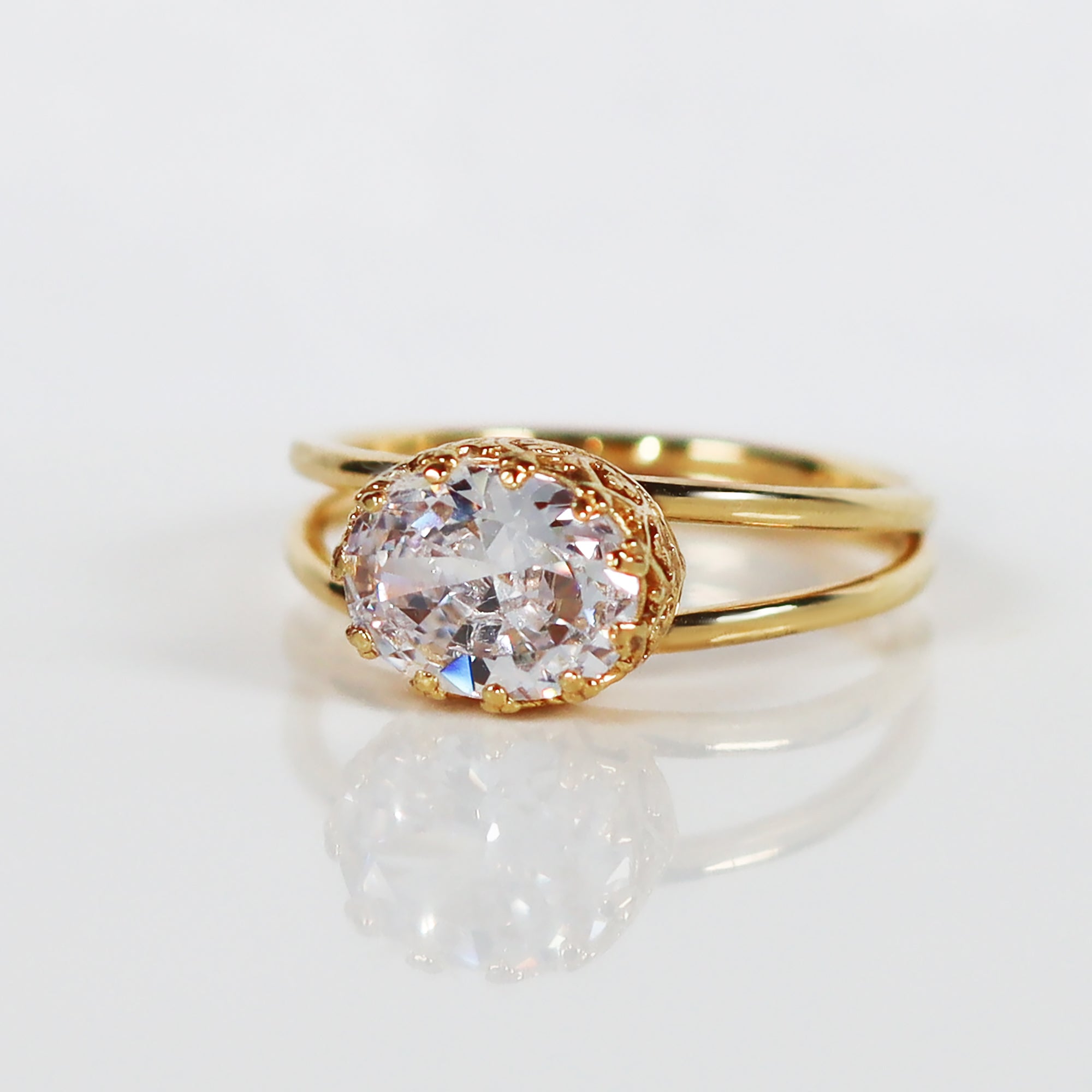 April Birthstone Clear Quartz Double Band Vintage Oval Crown Ring - H.L.Jewelry