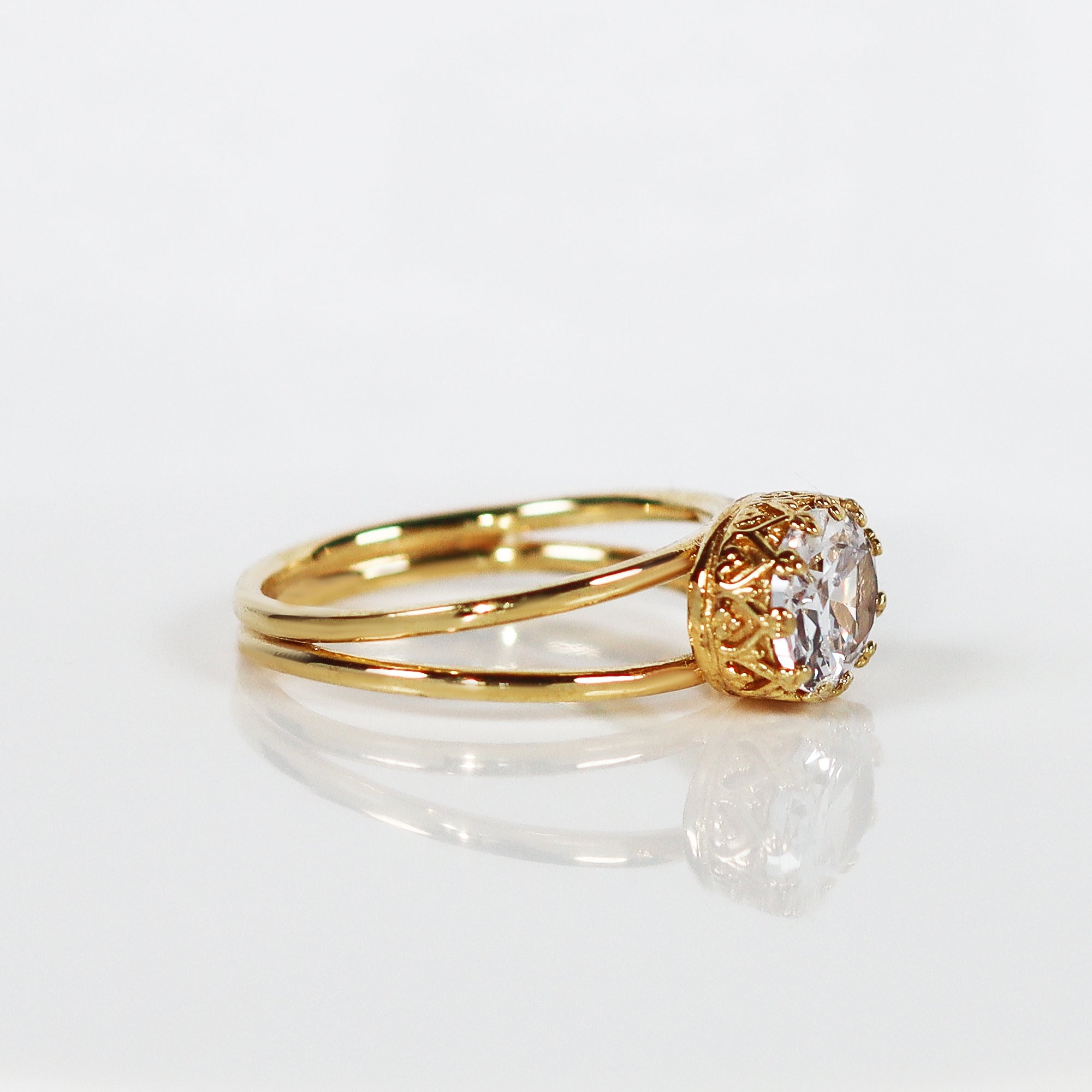 April Birthstone Clear Quartz Double Band Vintage Oval Crown Ring - H.L.Jewelry