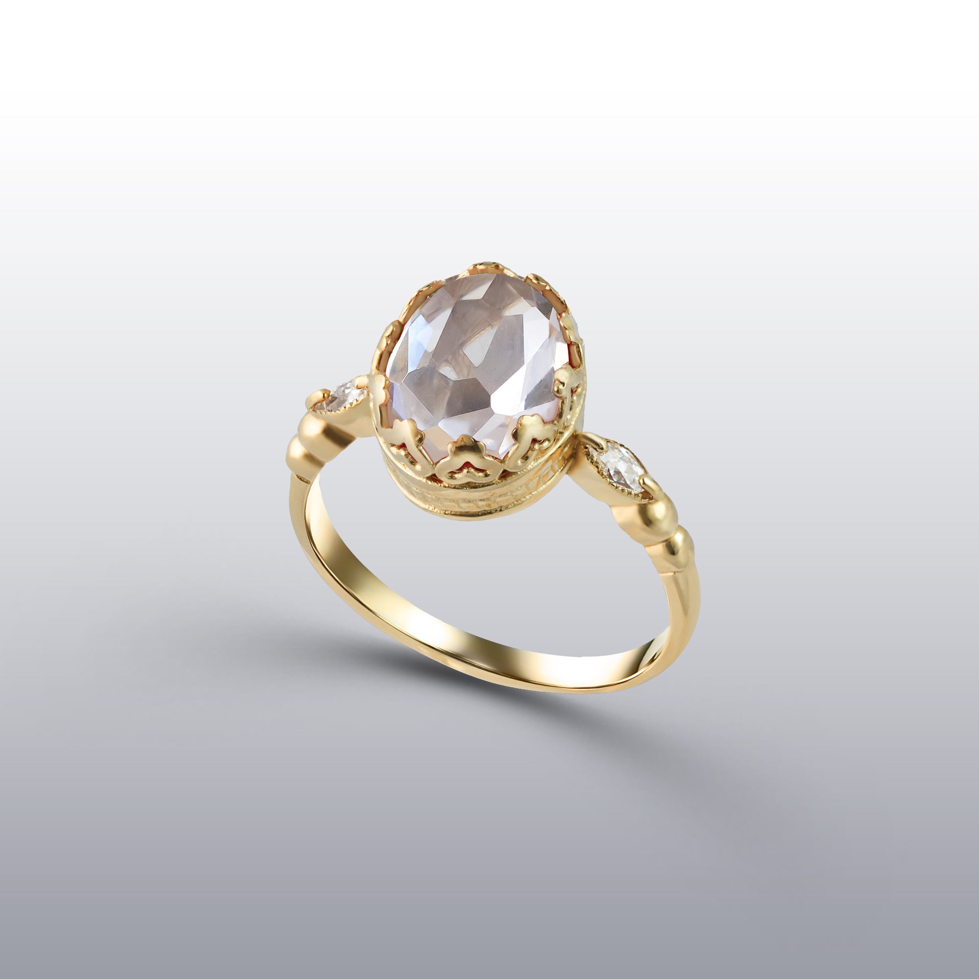 April Birthstone Clear Quartz Vintage Oval Crown Ring - H.L.Jewelry