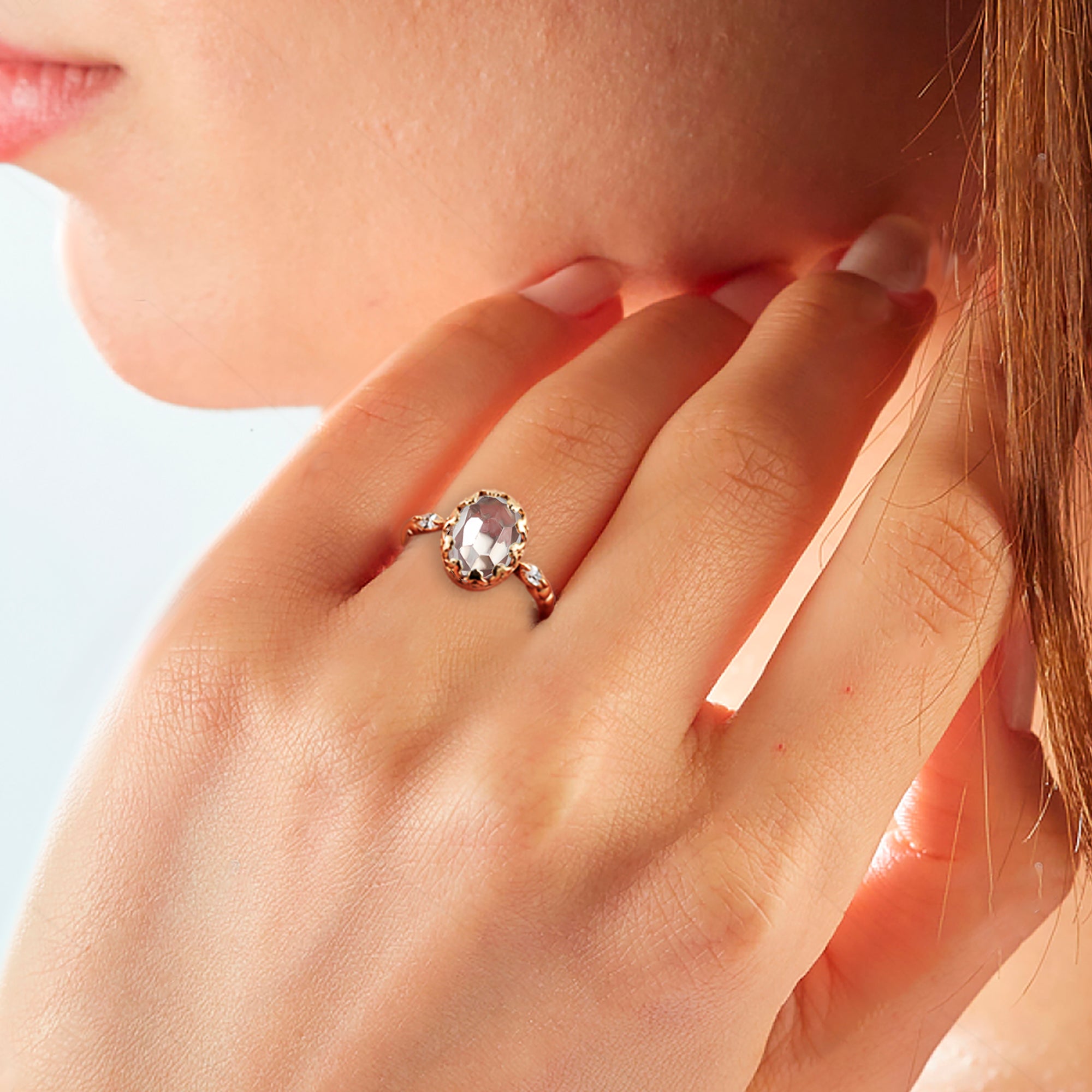 April Birthstone Clear Quartz Vintage Oval Crown Ring - H.L.Jewelry