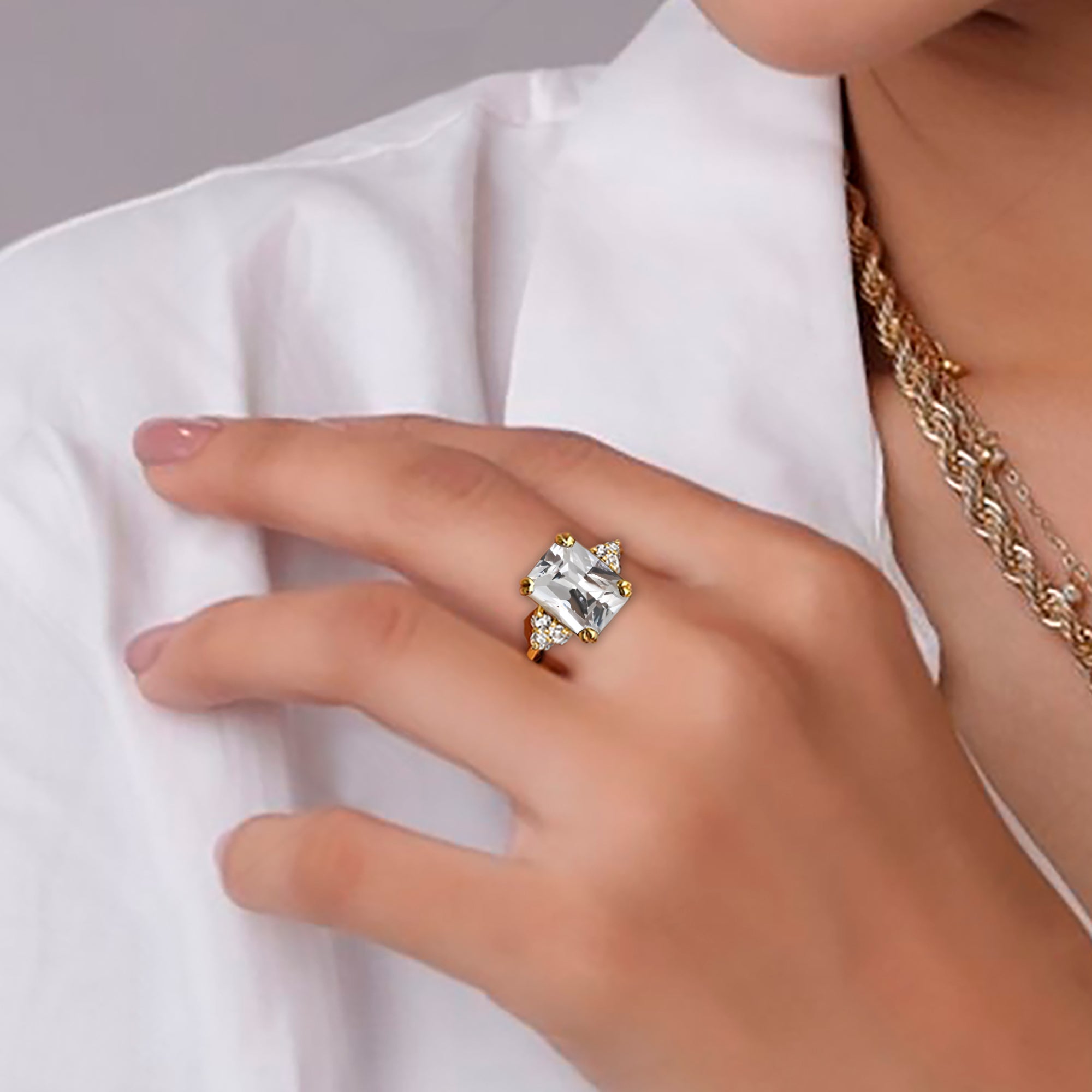 April Birthstone Octagon Clear Quartz Gemstone Engagement Ring - H.L.Jewelry