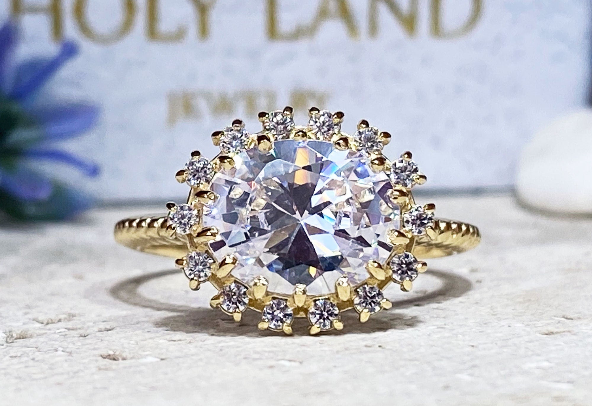 April Birthstone Oval Clear Quartz Engagement Ring with Clear Quartz Halo - H.L.Jewelry