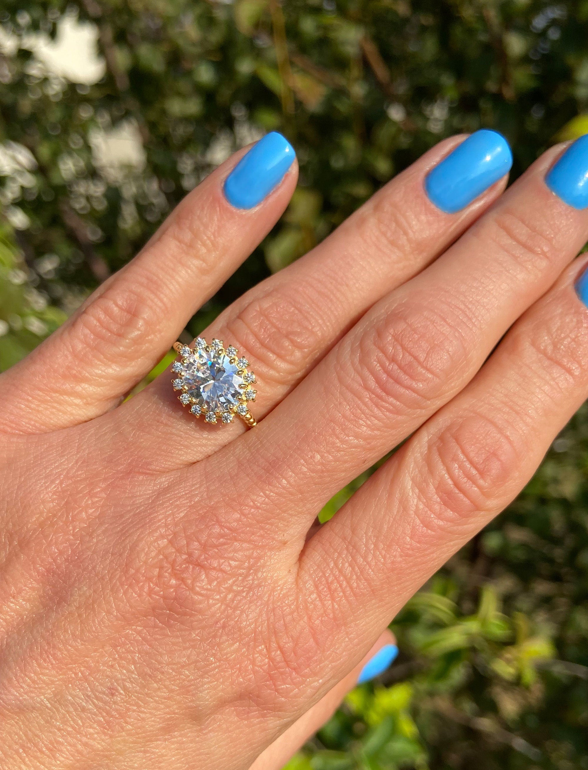 April Birthstone Oval Clear Quartz Engagement Ring with Clear Quartz Halo - H.L.Jewelry