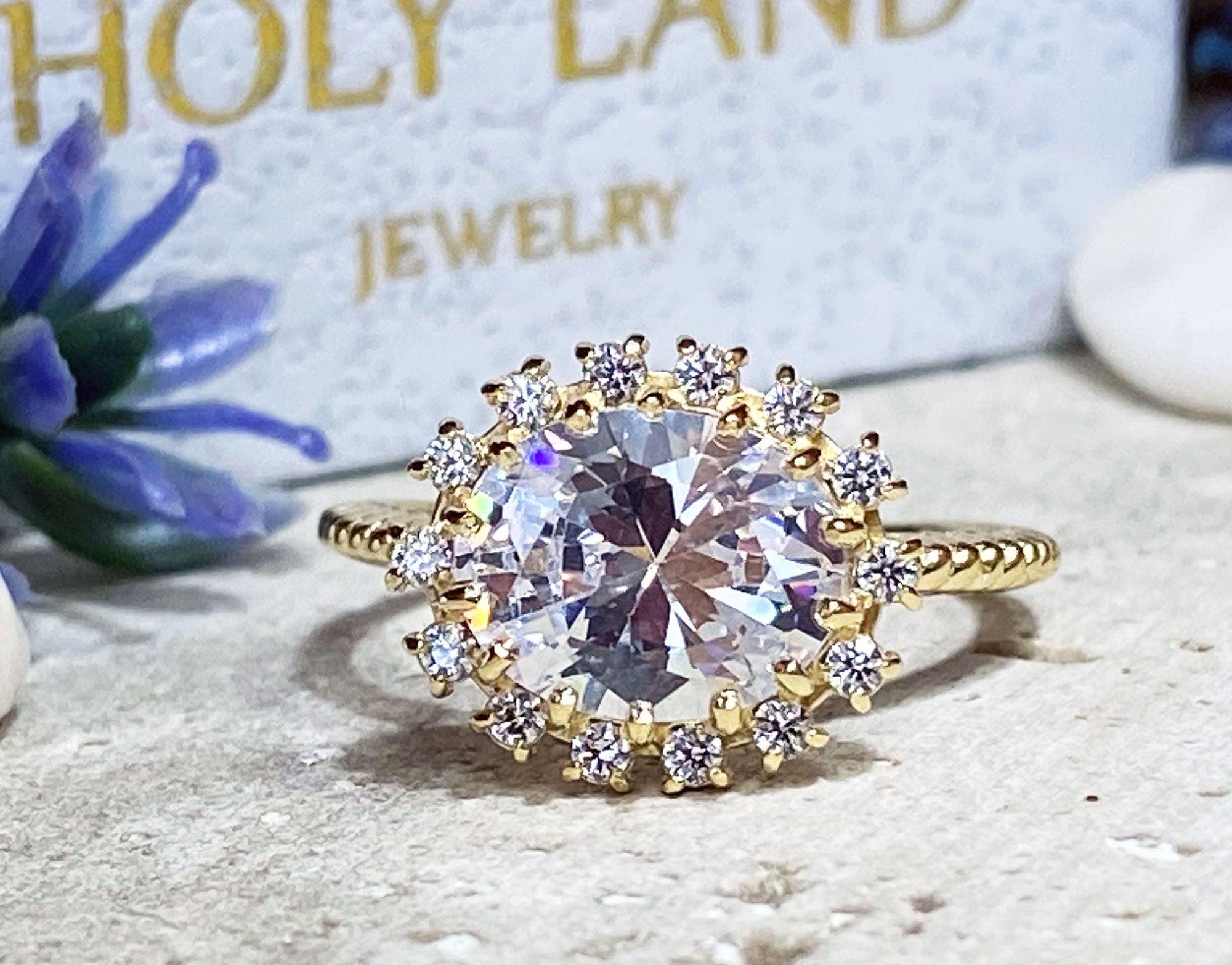 April Birthstone Oval Clear Quartz Engagement Ring with Clear Quartz Halo - H.L.Jewelry