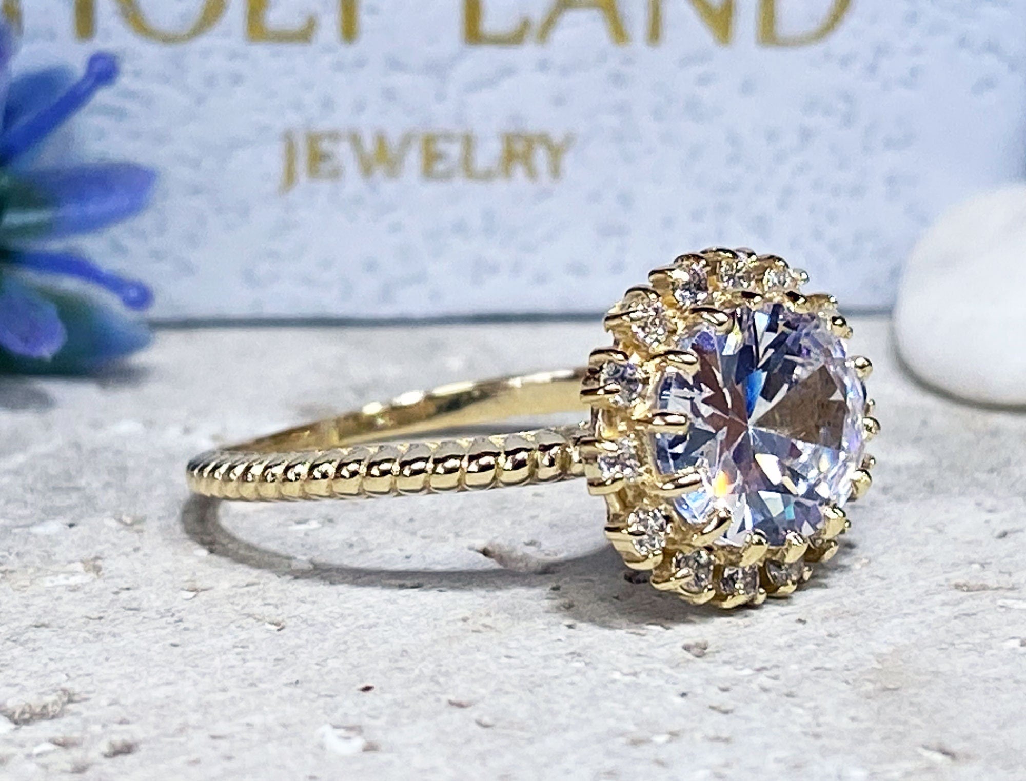 April Birthstone Oval Clear Quartz Engagement Ring with Clear Quartz Halo - H.L.Jewelry