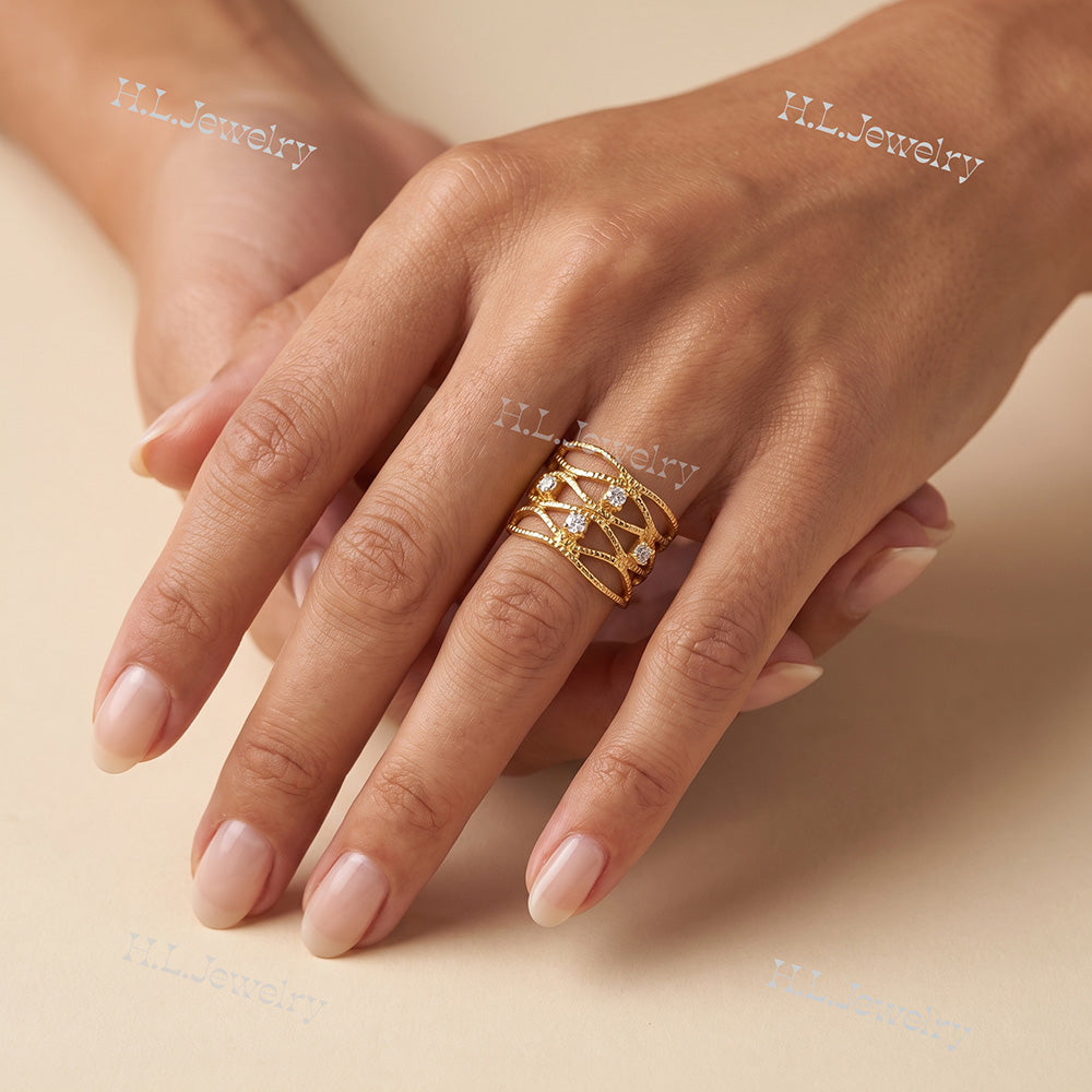 April Birthstone Round Clear Quartz Four Stone Wide Hammered Band Ring - H.L.Jewelry