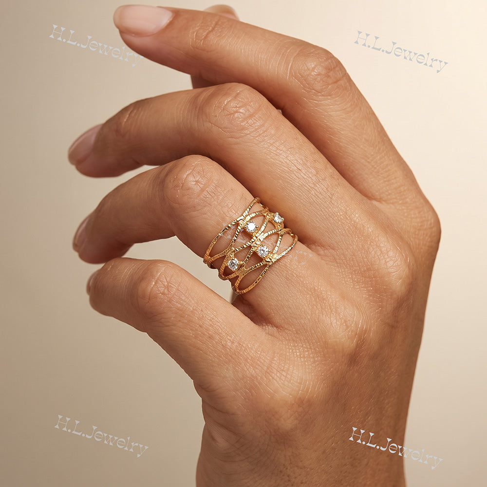 April Birthstone Round Clear Quartz Four Stone Wide Hammered Band Ring - H.L.Jewelry