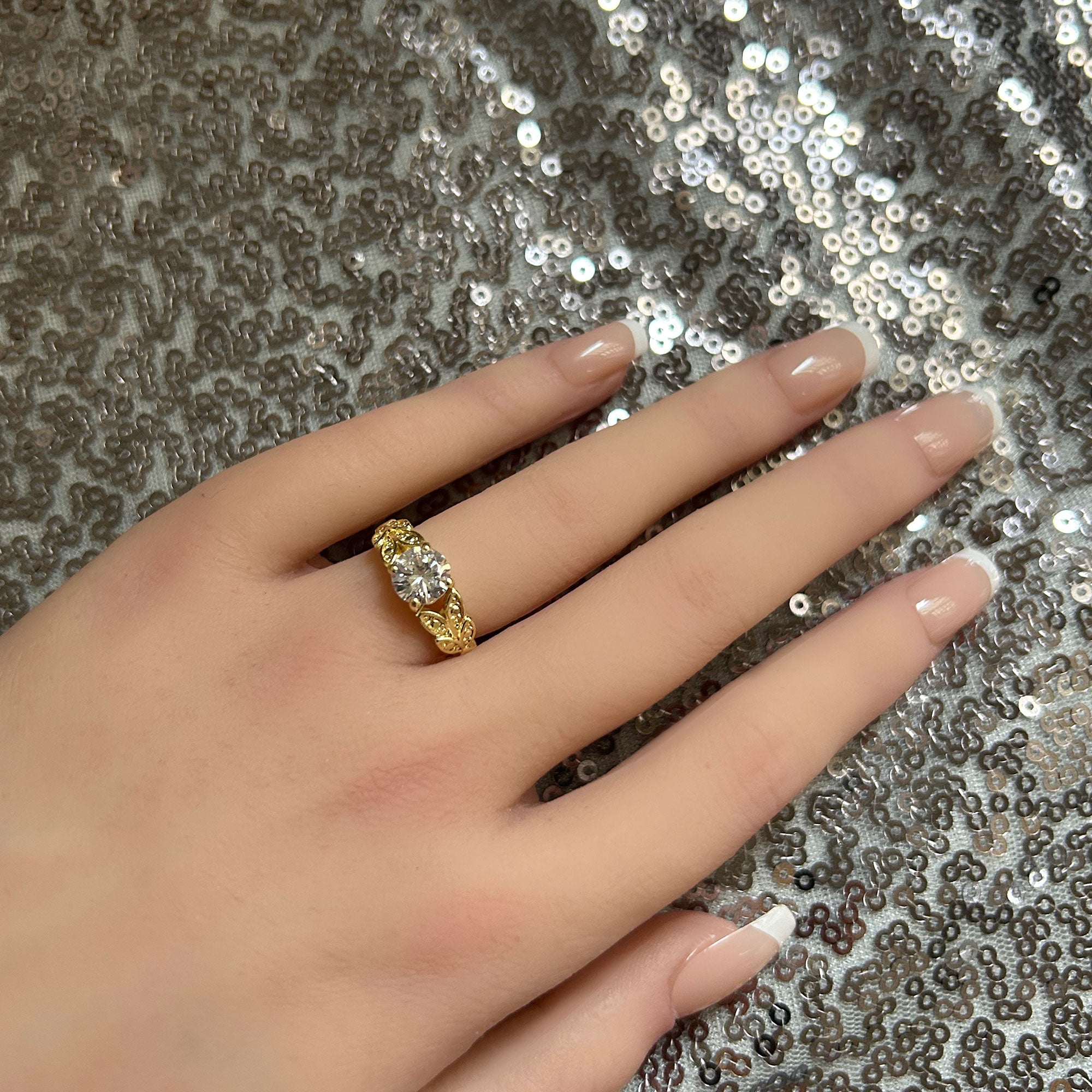 April Birthstone Round Clear Quartz Gemstone Flower Leaves Ring - H.L.Jewelry