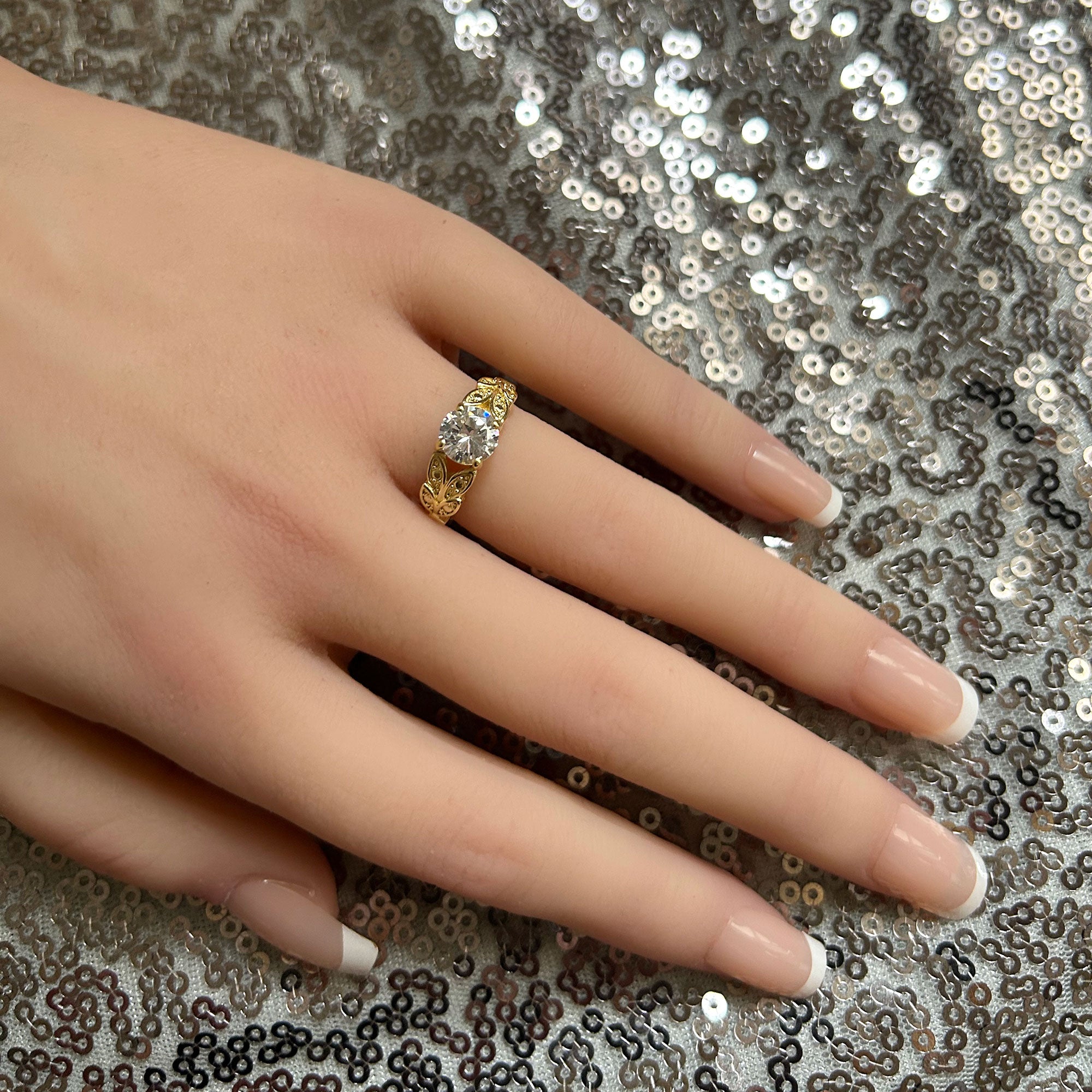 April Birthstone Round Clear Quartz Gemstone Flower Leaves Ring - H.L.Jewelry