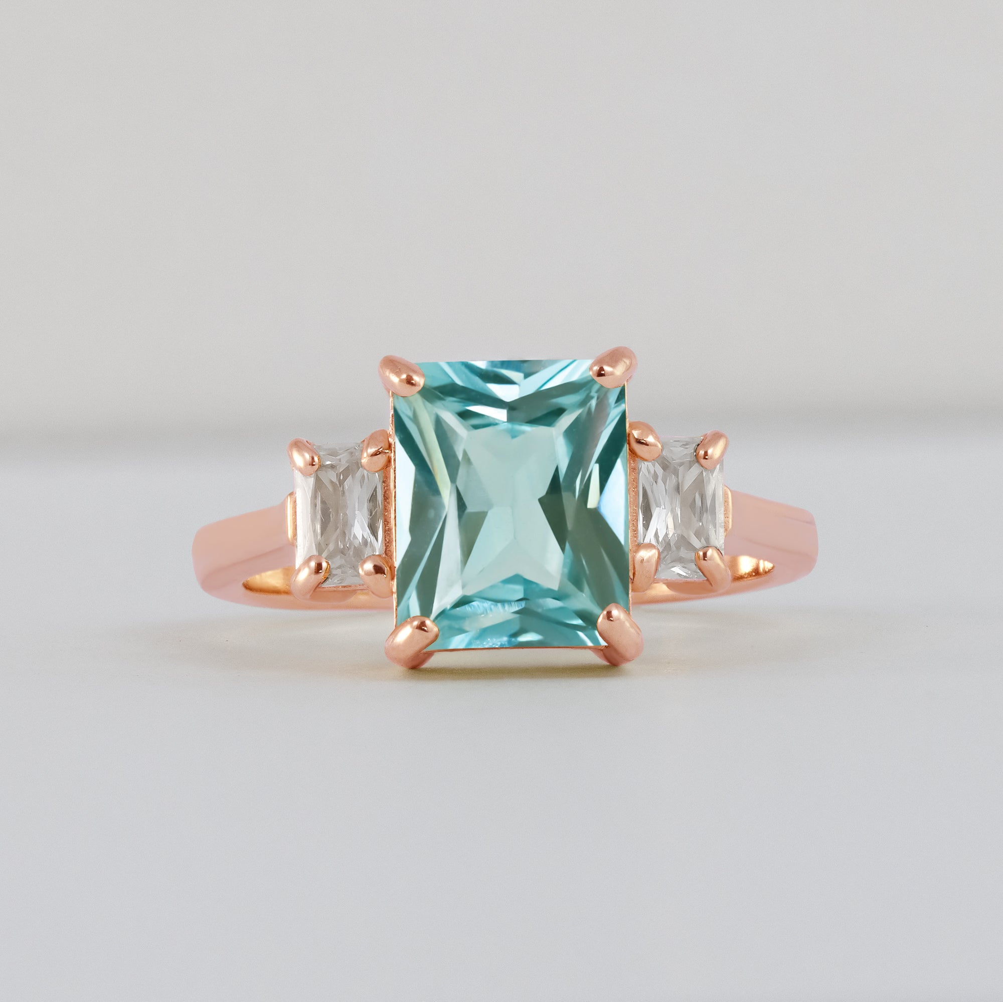 Aquamarine Ring - March Birthstone - Statement Engagement Ring with Octagon Aquamarine Gemstone and Clear Quartz Accents - H.L.Jewelry