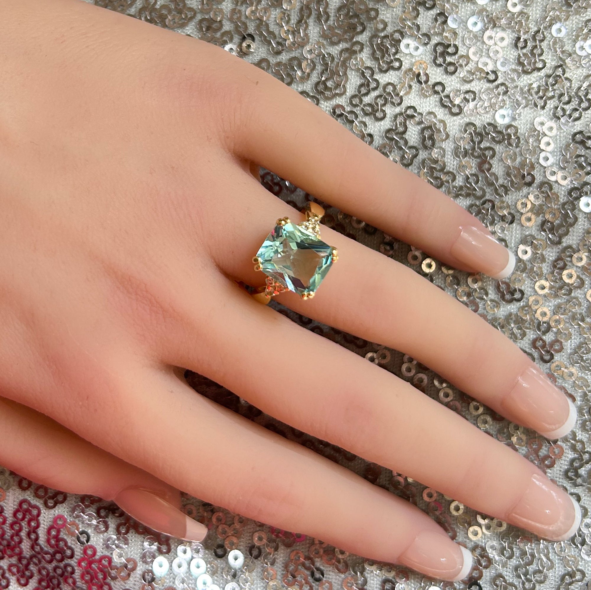 Aquamarine Ring - March Birthstone - Statement Engagement Ring with Octagon Aquamarine Gemstone and Clear Quartz Accents - H.L.Jewelry