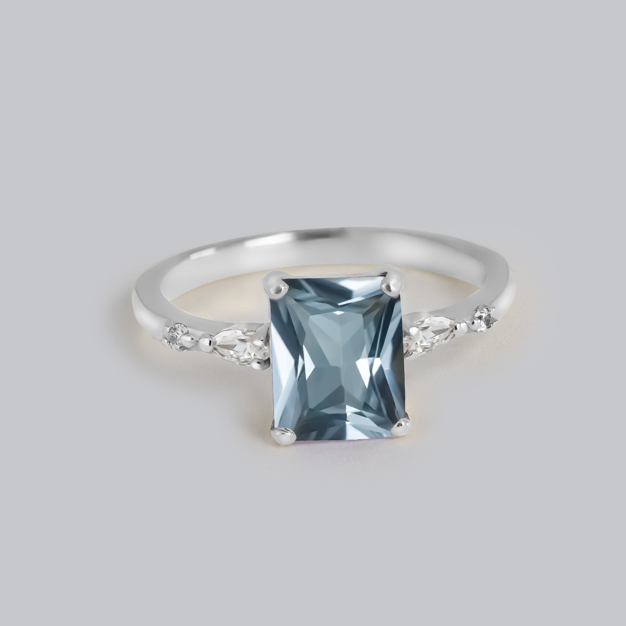 Aquamarine Ring - March Birthstone - Octagon Aquamarine Ring and Marquise/Round Clear Quartz Accents - H.L.Jewelry