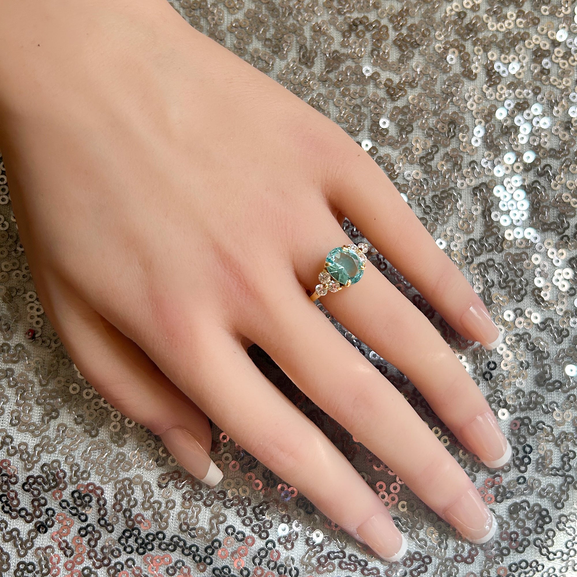 Aquamarine Ring - March Birthstone - Engagement Oval Aquamarine Ring and Clear Quartz Accents - H.L.Jewelry