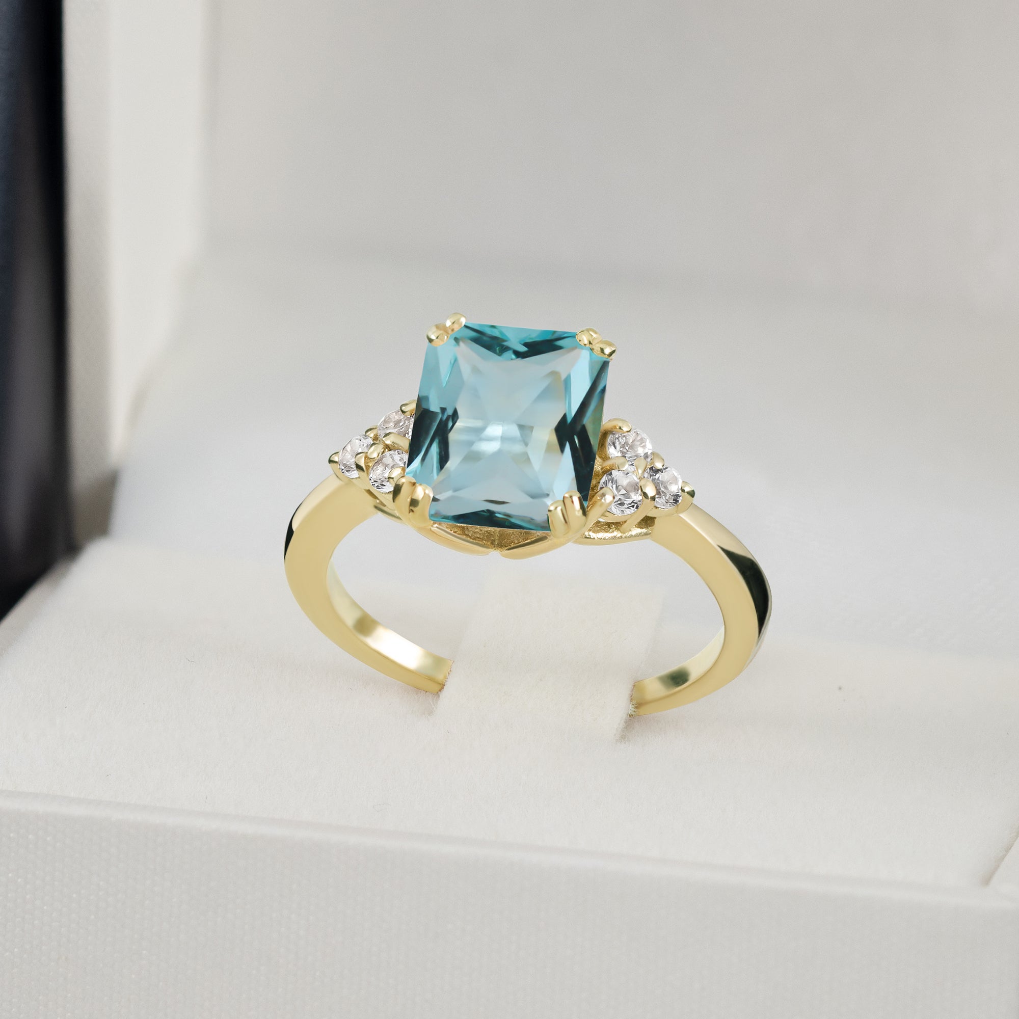 Aquamarine Ring - March Birthstone - Octagon Aquamarine Gemstone Statement Engagement Ring with Clear Quartz Accents - H.L.Jewelry