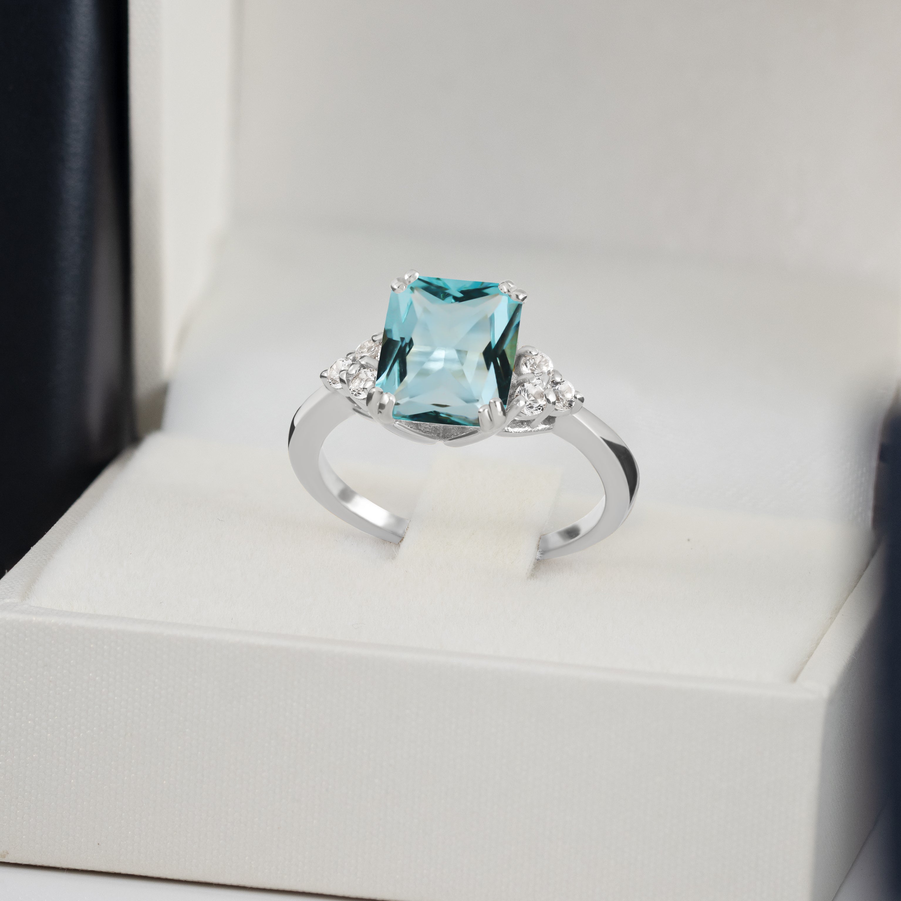 Aquamarine Ring - March Birthstone - Octagon Aquamarine Gemstone Statement Engagement Ring with Clear Quartz Accents - H.L.Jewelry