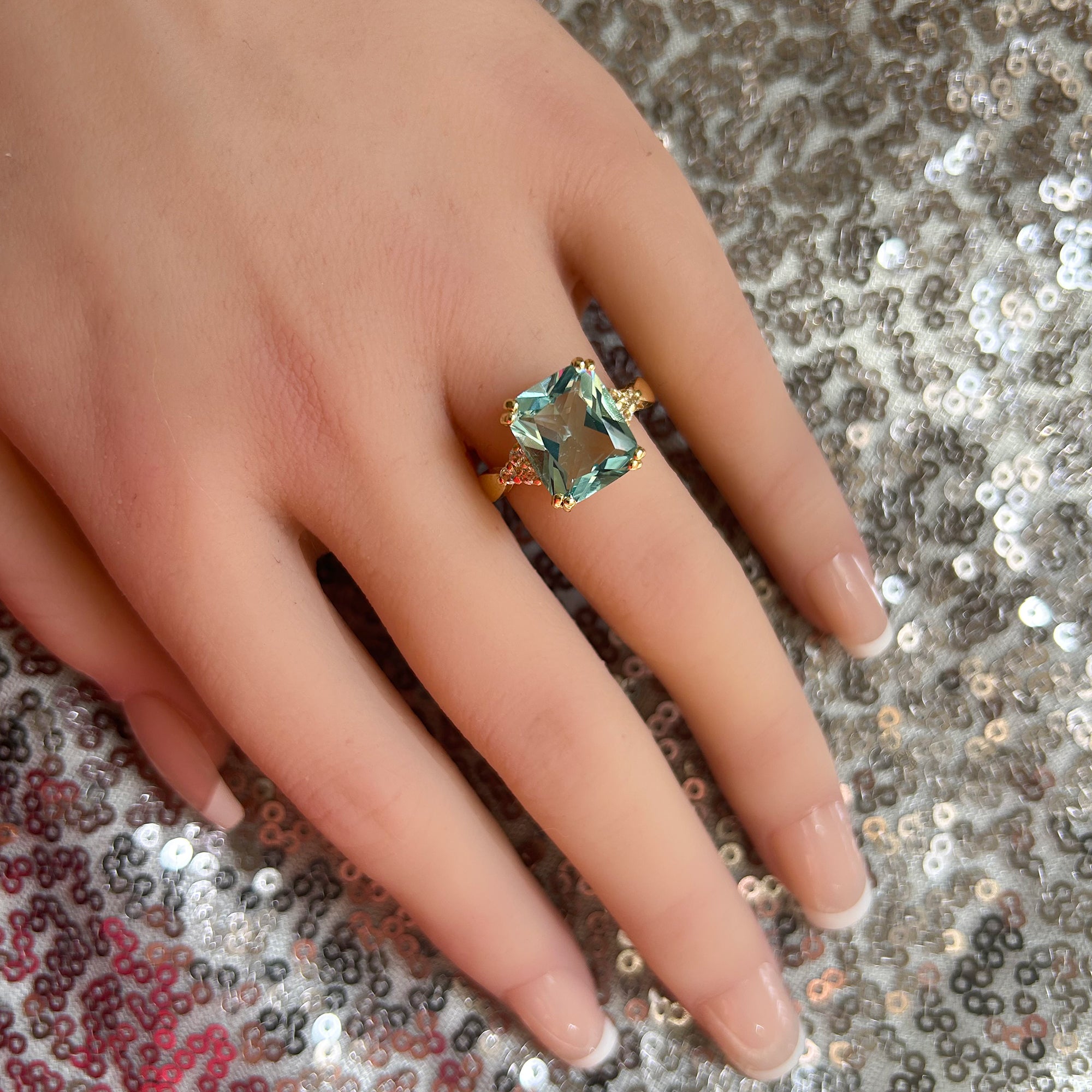 Aquamarine Ring - March Birthstone - Statement Engagement Ring with Octagon Aquamarine Gemstone and Clear Quartz Accents - H.L.Jewelry