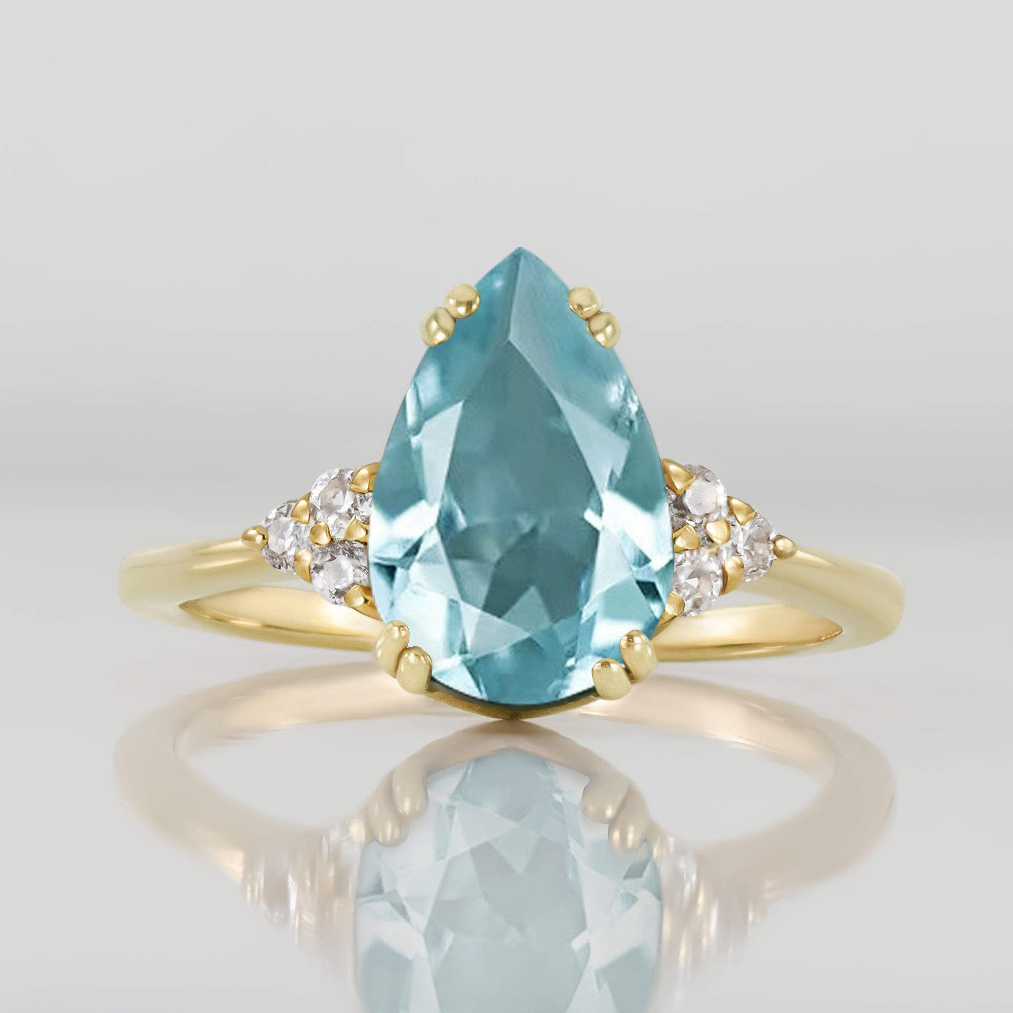 Aquamarine Ring - March Birthstone - Pear-Shaped Aquamarine Gemstone Statement Engagement Ring and Clear Quartz Accents - H.L.Jewelry