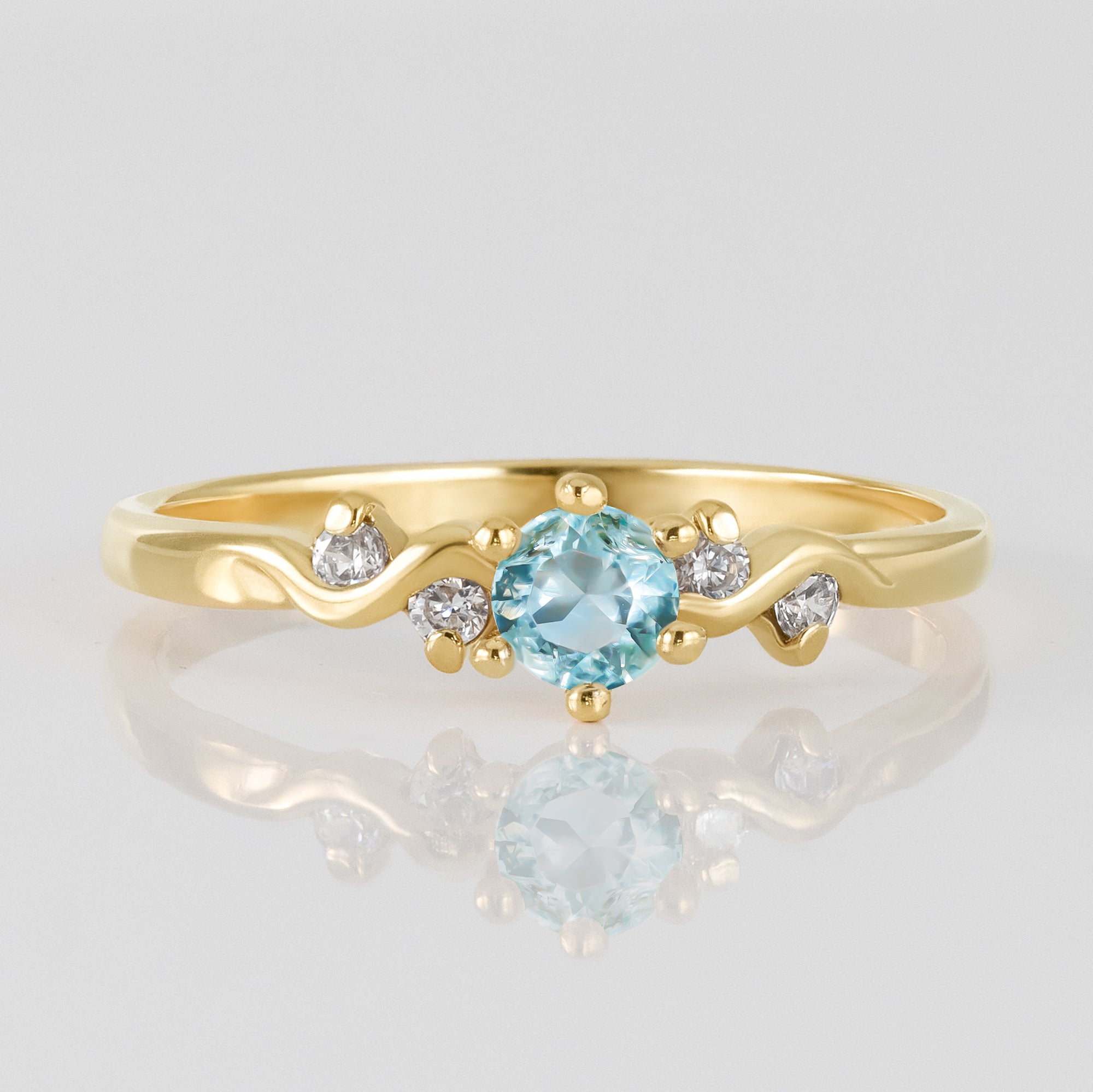 Aquamarine Ring - March Birthstone Jewelry - Delicate Ring with Round Aquamarine Gemstone and Clear Quartz Accents - H.L.Jewelry