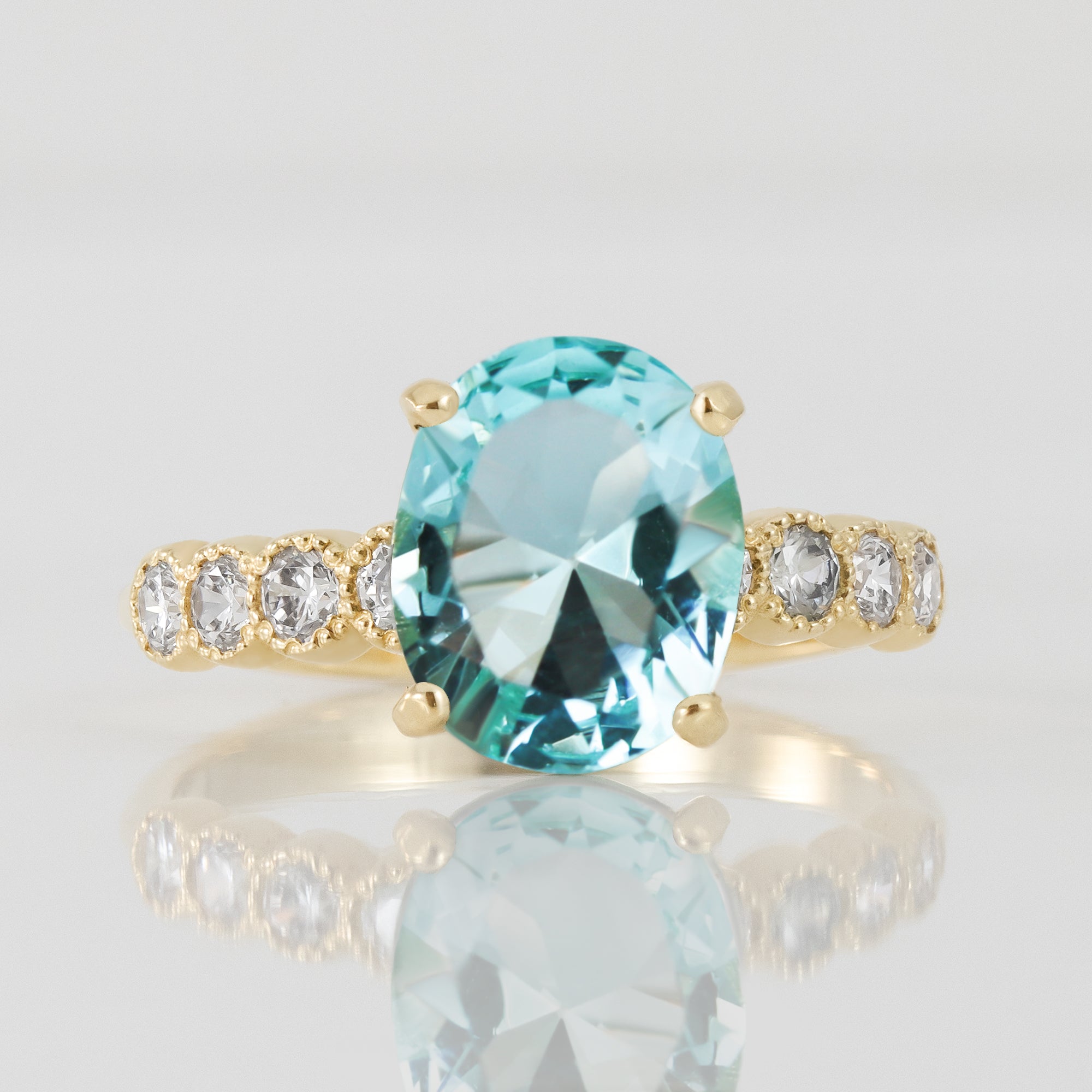 Aquamarine Ring - March Birthstone - Oval Aquamarine Gemstone Statement Engagement Ring with Clear Quartz Accents - H.L.Jewelry