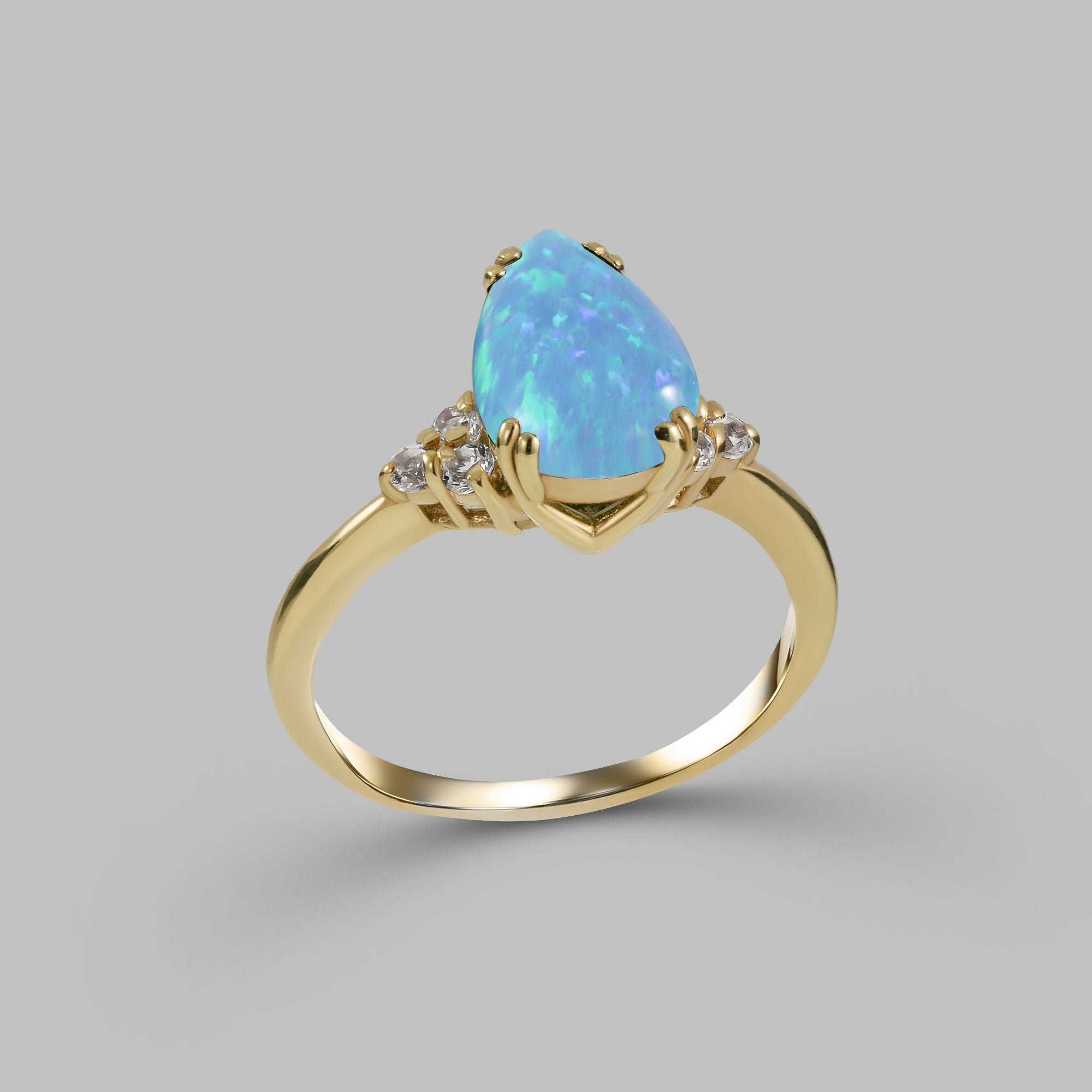 Blue Opal Ring - October Birthstone - Pear-Shaped Blue Opal Gemstone Statement Engagement Ring with Clear Quartz Accents - H.L.Jewelry