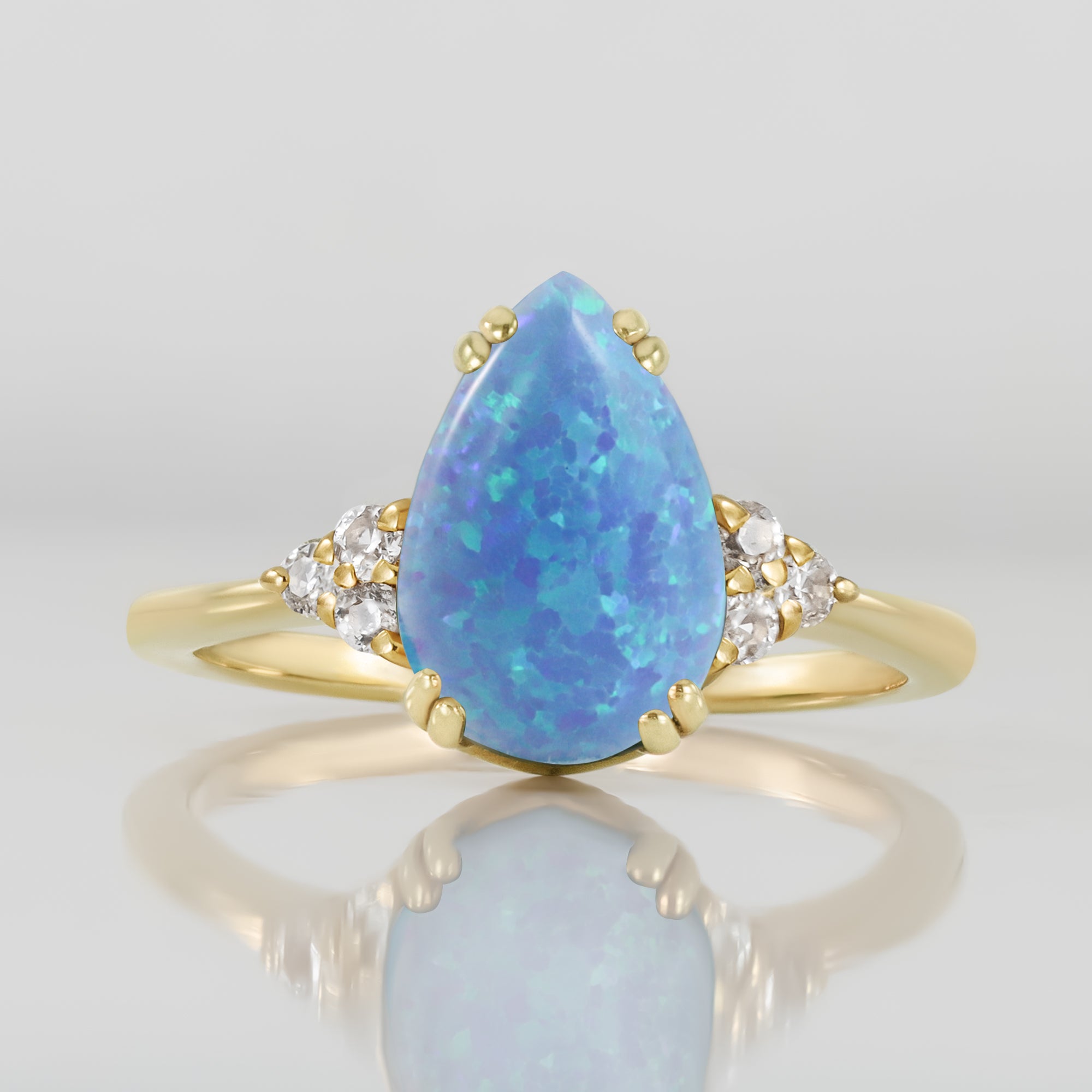 Blue Opal Ring - October Birthstone - Pear-Shaped Blue Opal Gemstone Statement Engagement Ring with Clear Quartz Accents - H.L.Jewelry