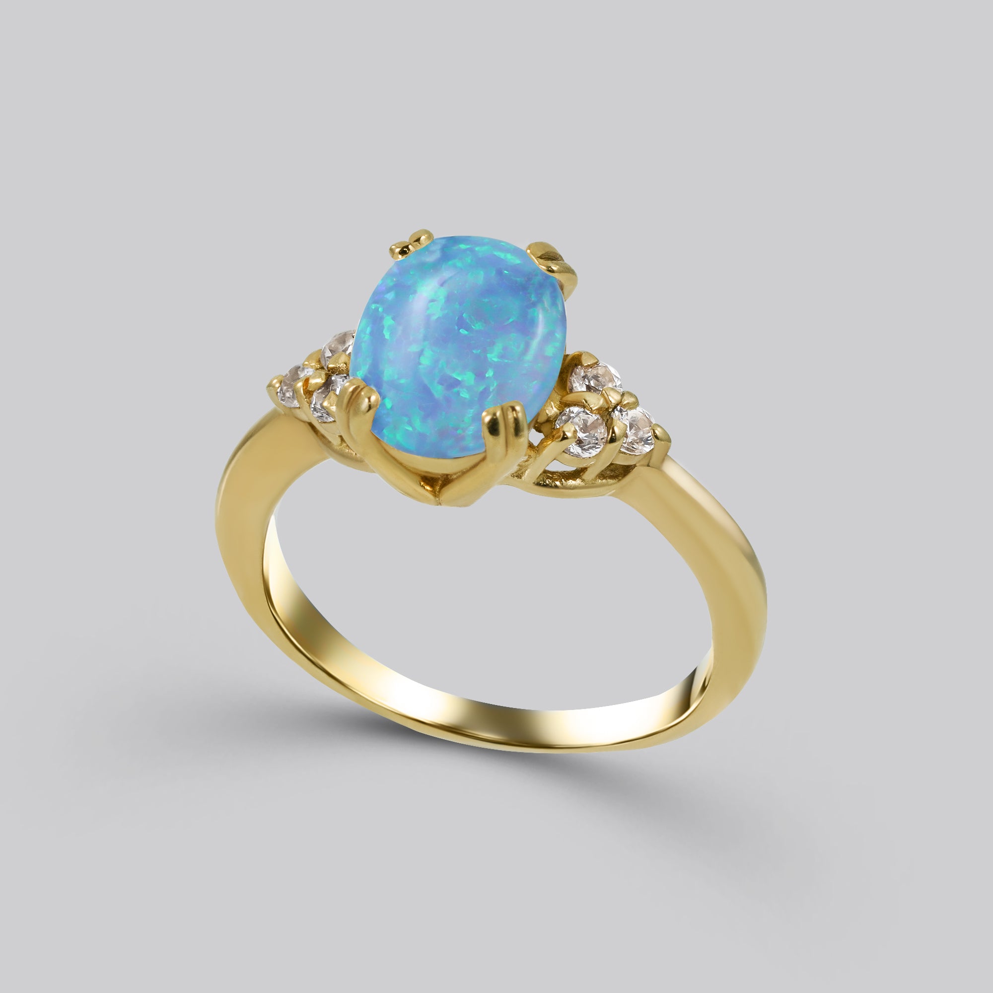 Blue Opal Ring - October Birthstone - Oval Blue Opal Gemstone Statement Engagement Ring with Clear Quartz Accents - H.L.Jewelry