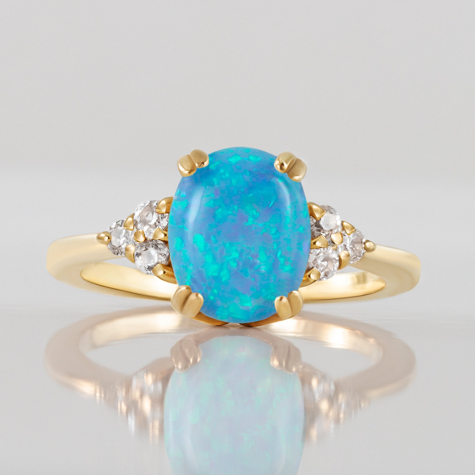 Blue Opal Ring - October Birthstone - Oval Blue Opal Gemstone Statement Engagement Ring with Clear Quartz Accents - H.L.Jewelry