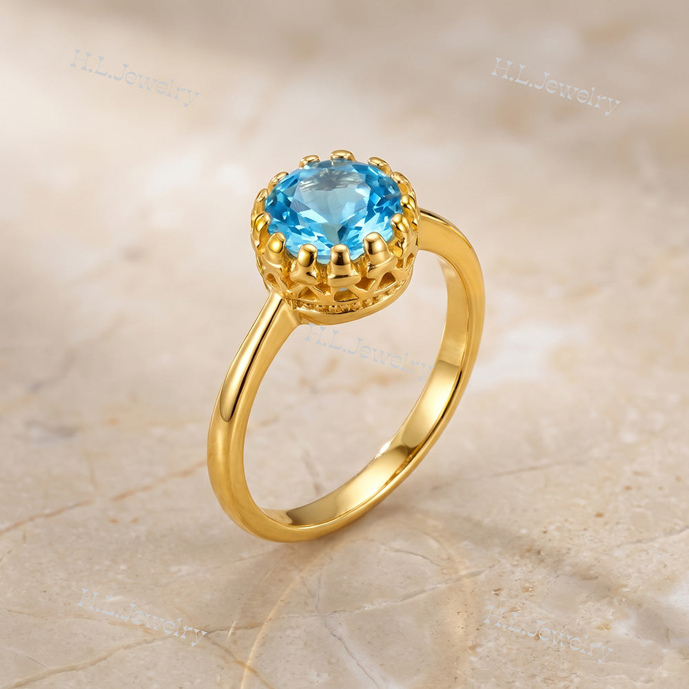 Blue Topaz Gemstone Round Crown Ring - H.L.Jewelry
