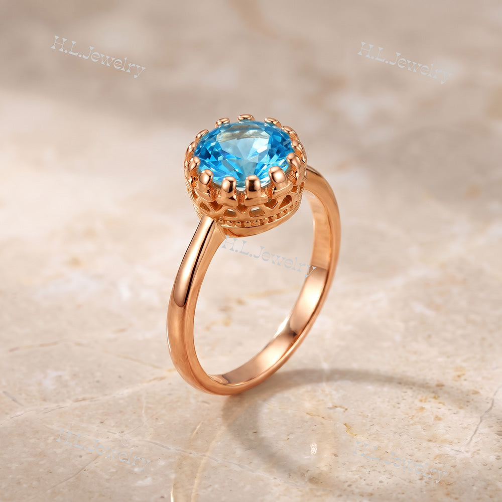 Blue Topaz Gemstone Round Crown Ring - H.L.Jewelry
