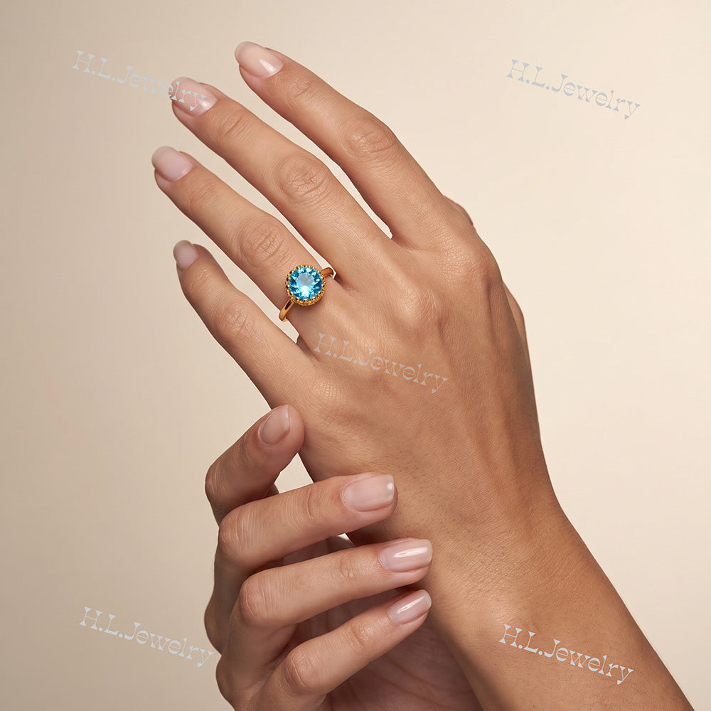Blue Topaz Gemstone Round Crown Ring - H.L.Jewelry