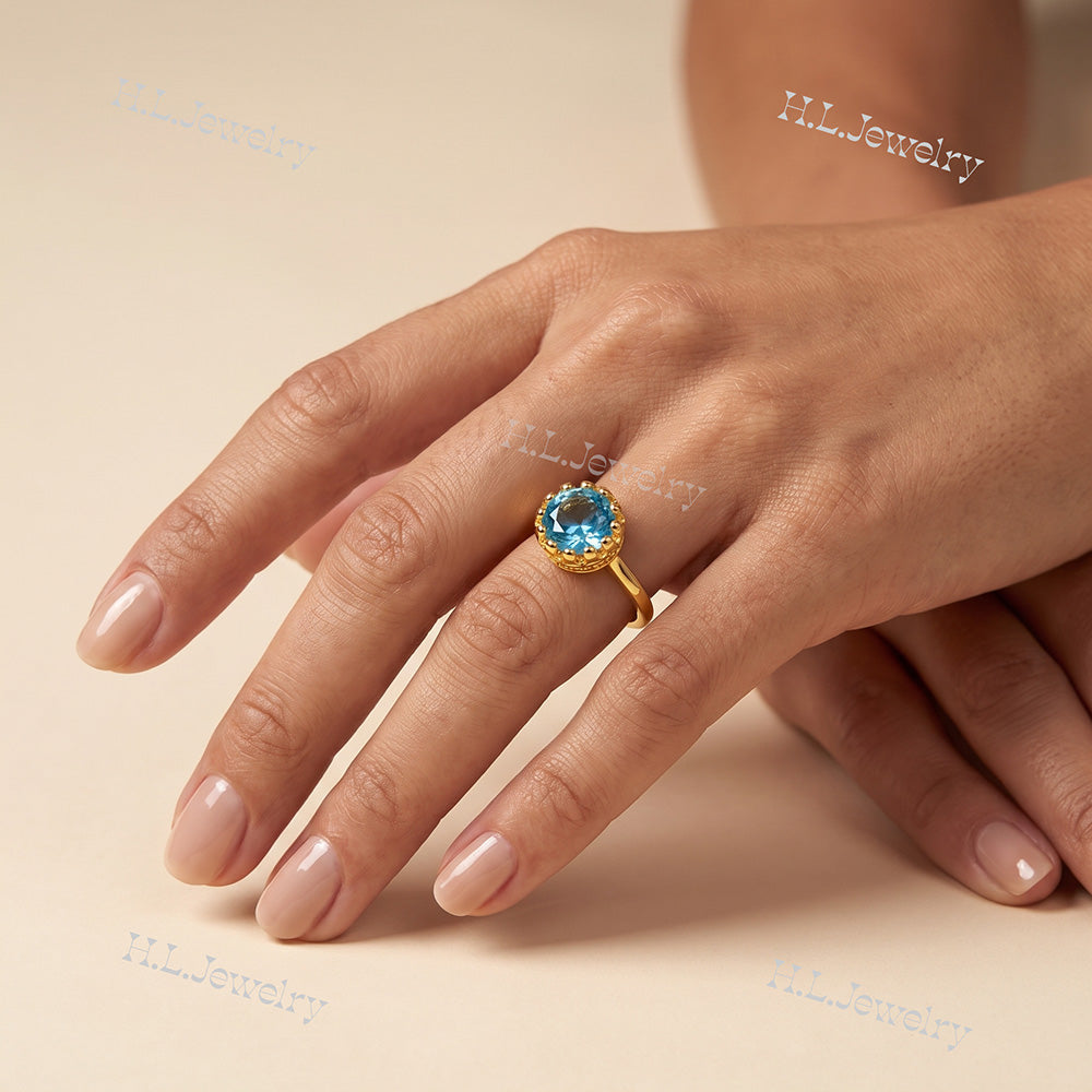 Blue Topaz Gemstone Round Crown Ring - H.L.Jewelry
