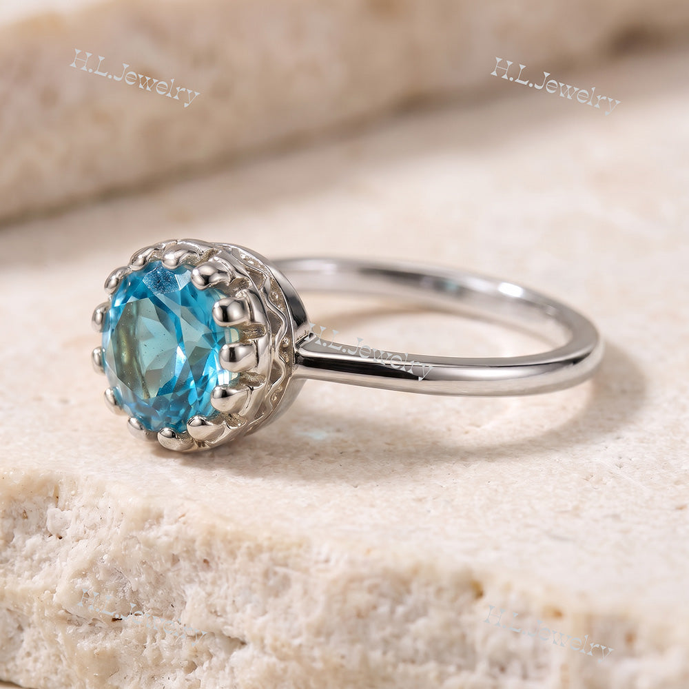 Blue Topaz Gemstone Round Crown Ring - H.L.Jewelry