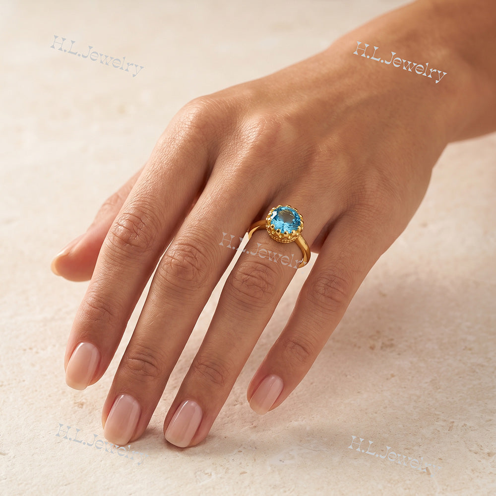 Blue Topaz Gemstone Round Crown Ring - H.L.Jewelry