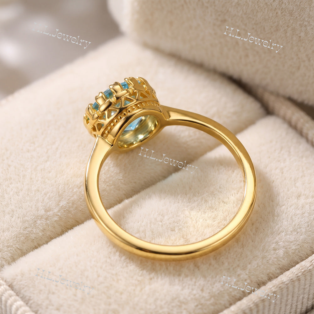 Blue Topaz Gemstone Round Crown Ring - H.L.Jewelry