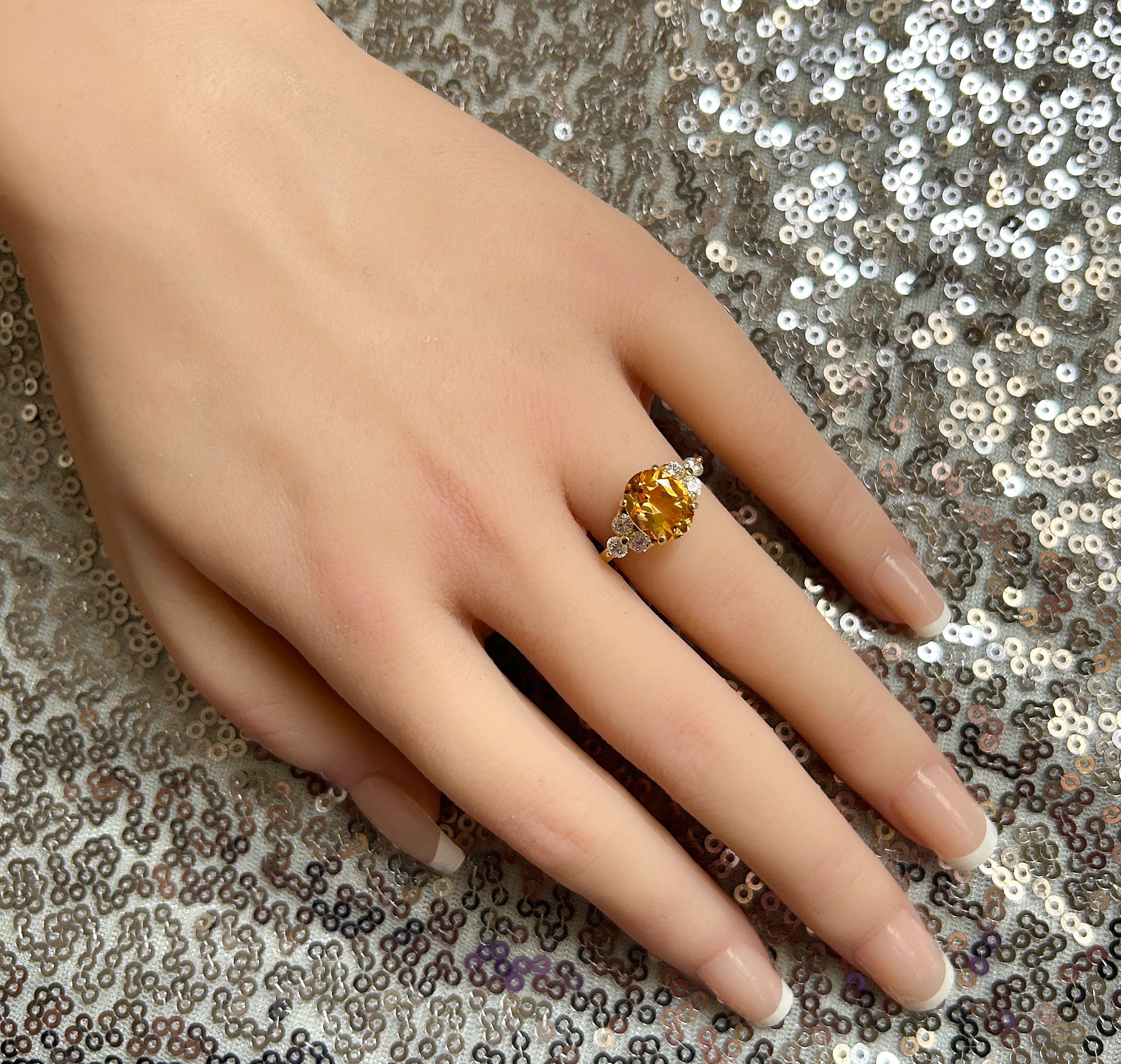 Citrine ring - November Birthstone - Oval Citrine Gemstone Statement Engagement Ring with Clear Quartz Accents - H.L.Jewelry