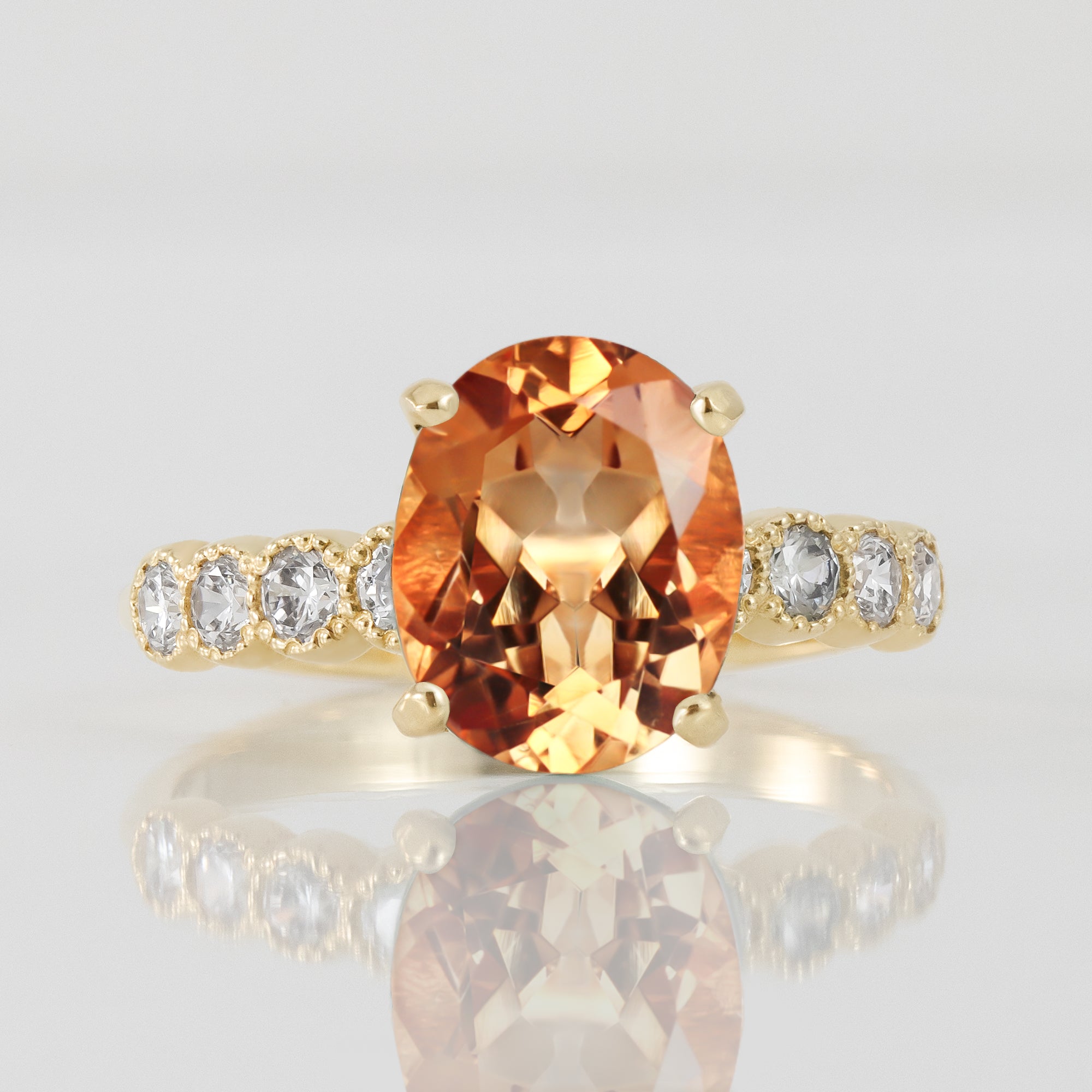 Citrine Ring - November Birthstone - Oval Citrine Gemstone Statement Engagement Ring with Clear Quartz Accents - H.L.Jewelry