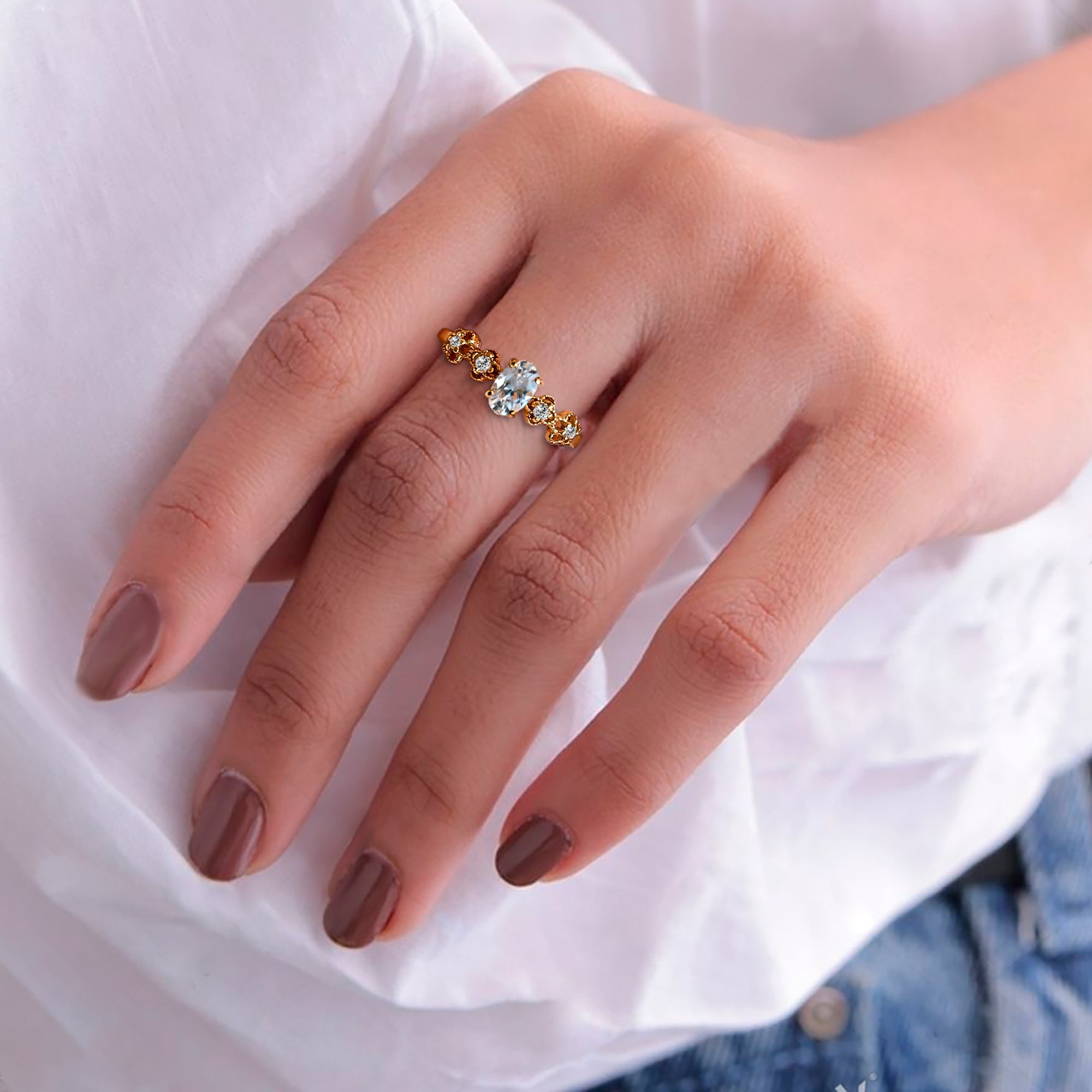 Clear Quartz Ring - April Birthstone - Oval Clear Quartz Gemstone Flower Setting Delicate Ring with Clear Quartz Accents - H.L.Jewelry