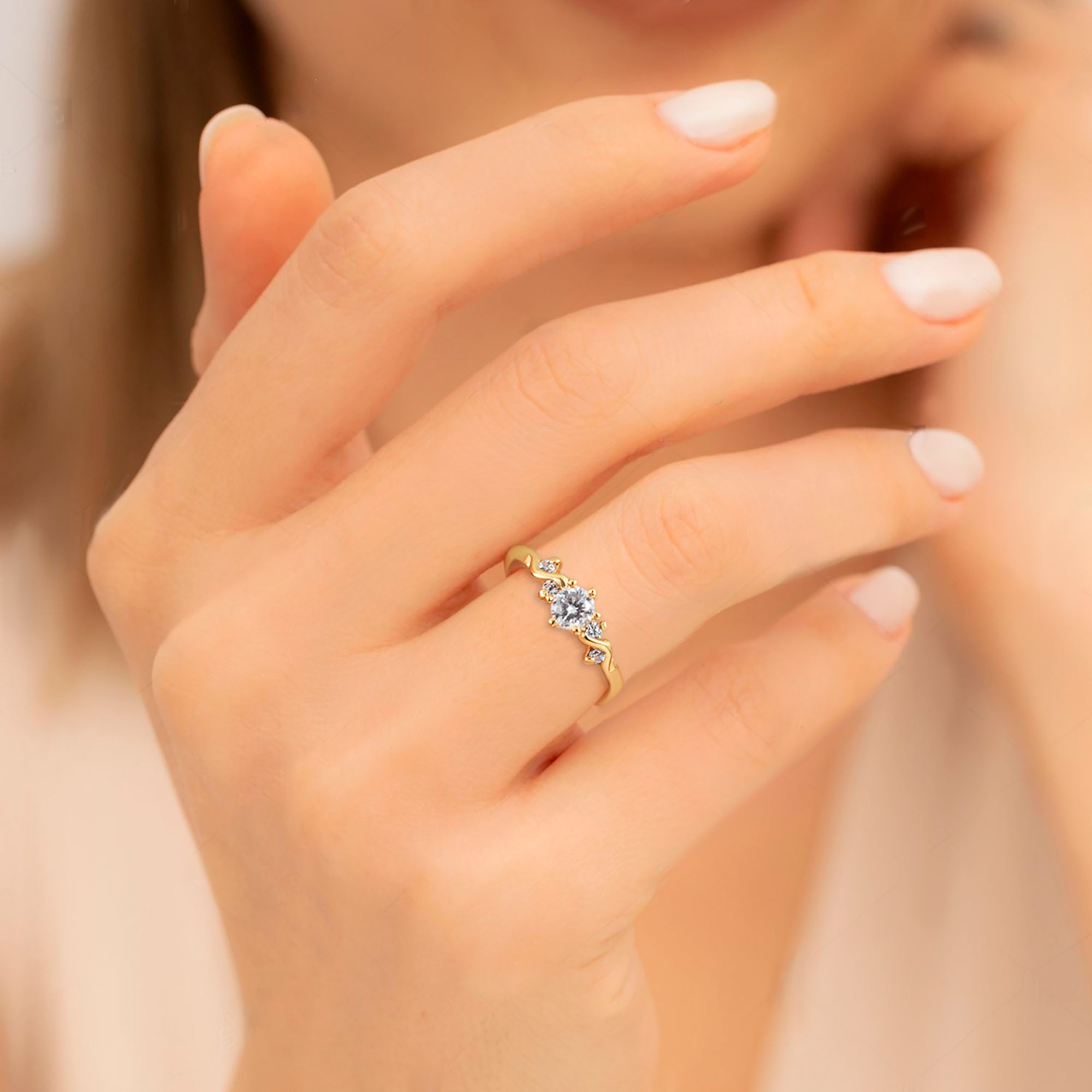 Clear Quartz Ring - April Birthstone - Delicate Ring with Round-Clear Quartz-Center Stone and Small Clear Quartz Accents - H.L.Jewelry