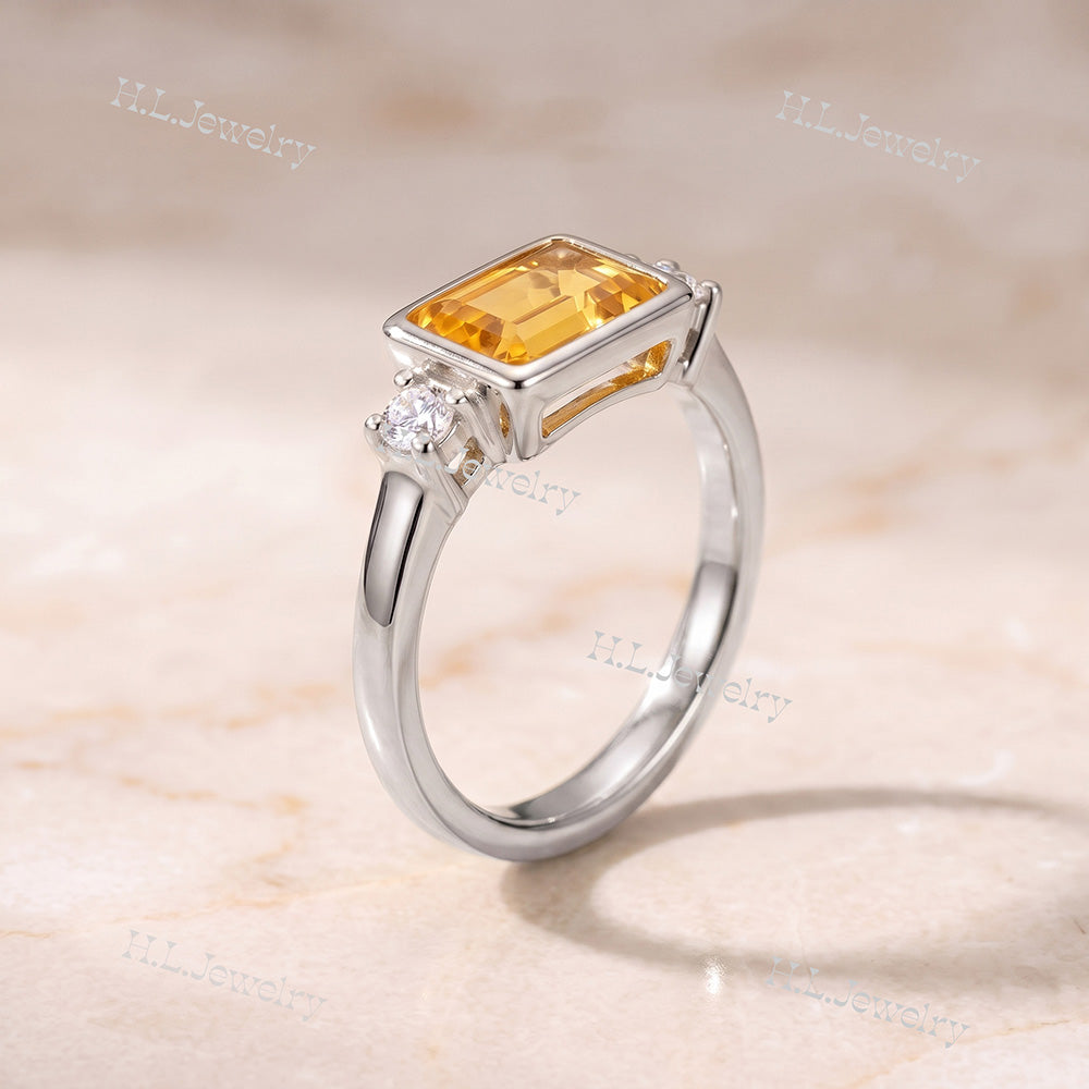 East-West Emerald-Cut Citrine Ring with Clear Quartz Accents - H.L.Jewelry