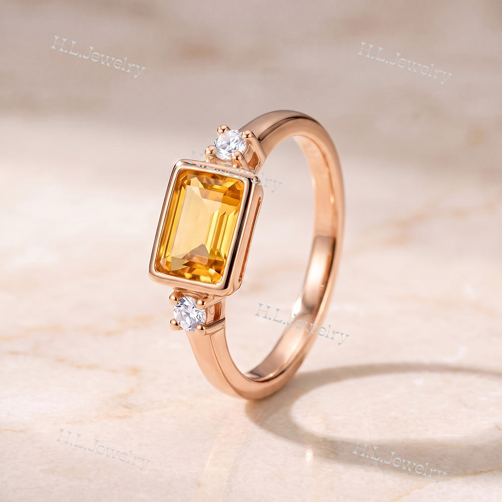 East-West Emerald-Cut Citrine Ring with Clear Quartz Accents - H.L.Jewelry