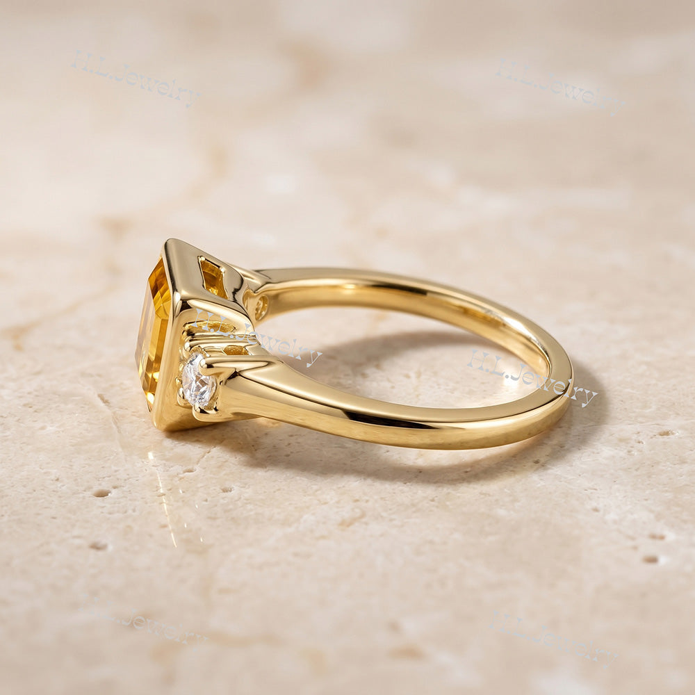 East-West Emerald-Cut Citrine Ring with Clear Quartz Accents - H.L.Jewelry