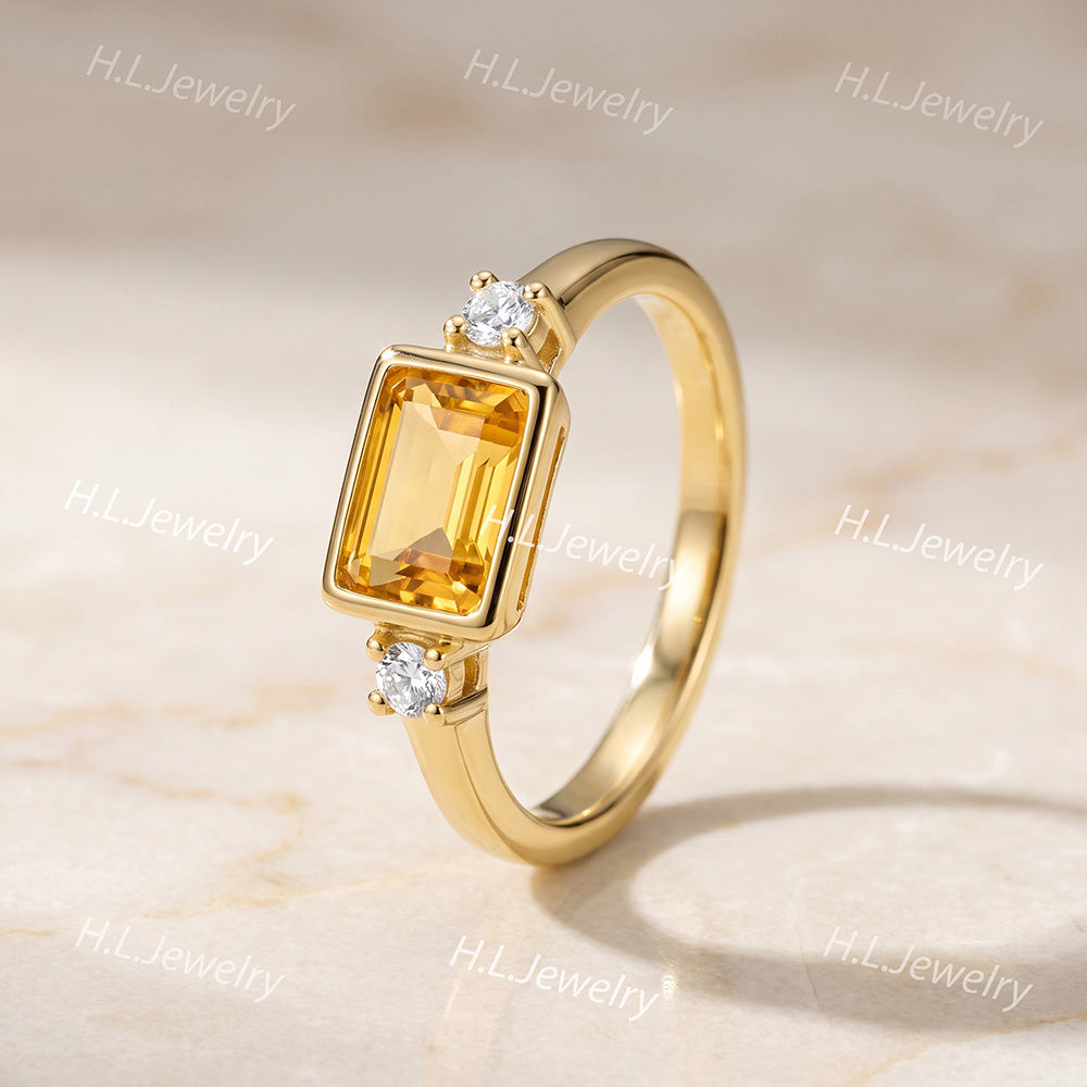 East-West Emerald-Cut Citrine Ring with Clear Quartz Accents - H.L.Jewelry