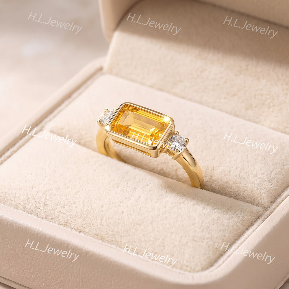 East-West Emerald-Cut Citrine Ring with Clear Quartz Accents - H.L.Jewelry